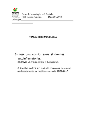 Lista De Exercícios 2 - EXERCICIOS IMUNOLOGIA - LISTA DE EXERCÕCIOS 2 ...