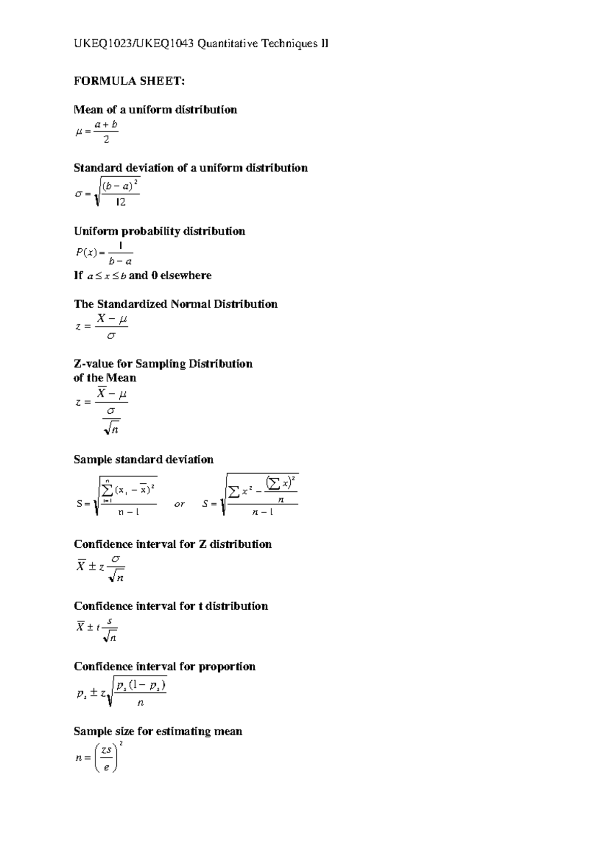 Latest Formula sheet - reference only - FORMULA SHEET: Mean of a ...