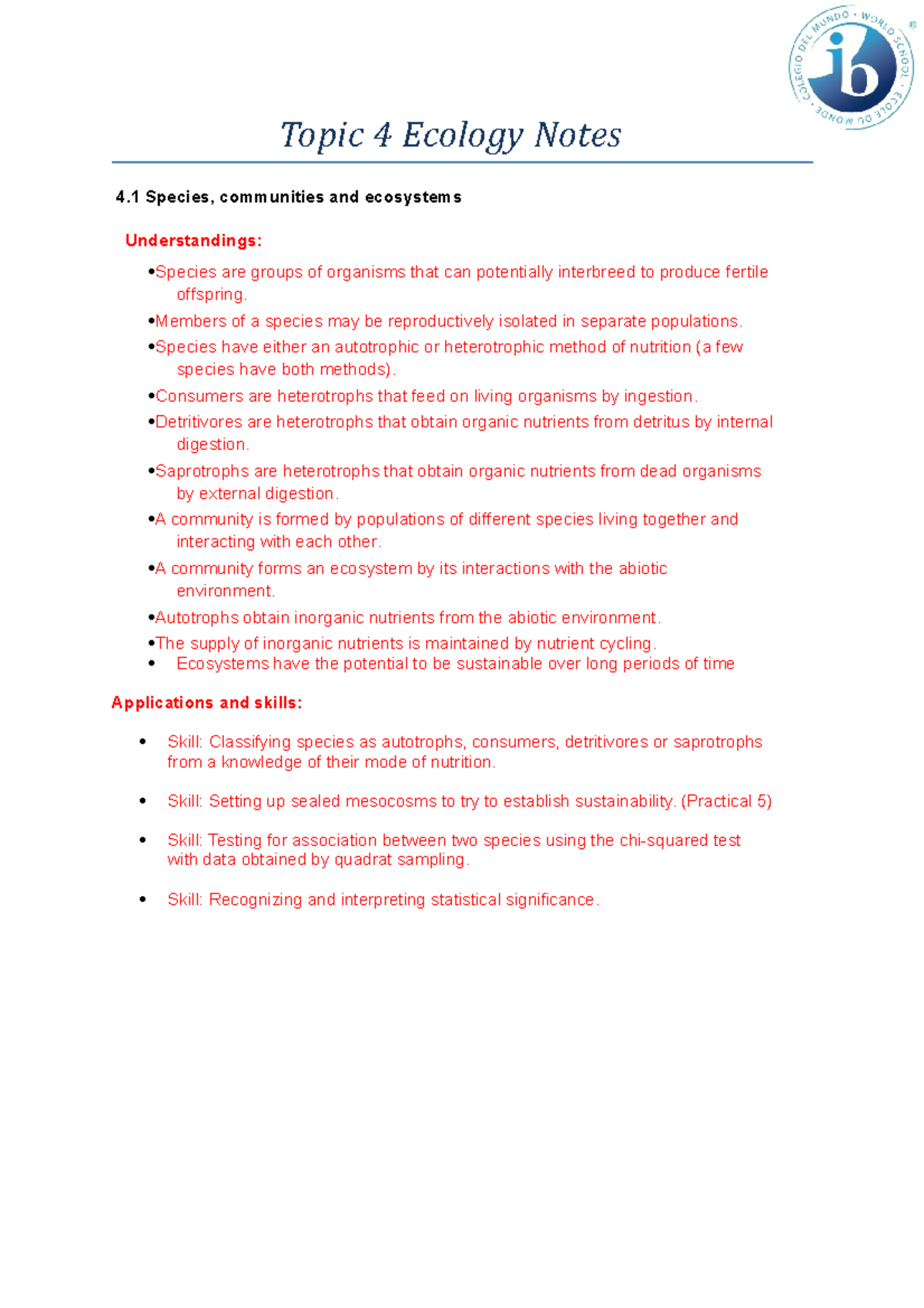 Topic 4 Notes With Ecology - Topic 4 Ecology Notes 4 Species ...