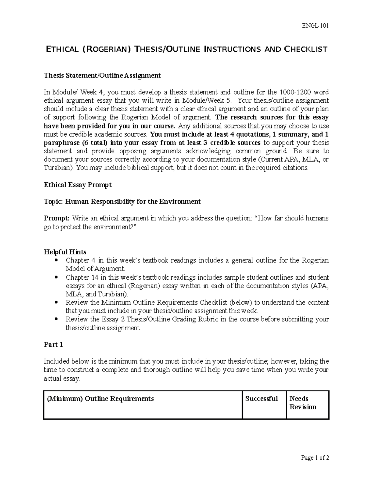 Essay 2 Thesis Outline Instructions And Checklist - ENGL 101 ETHICAL ...