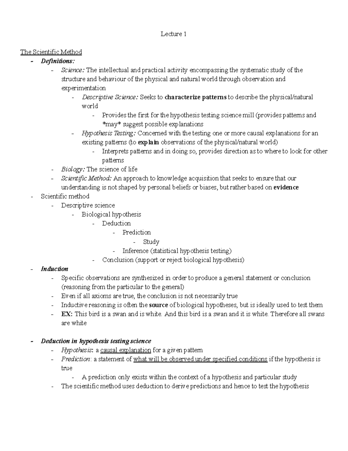 Bio Notes - Lecture 1 The Scientific Method Definitions: Science: The ...