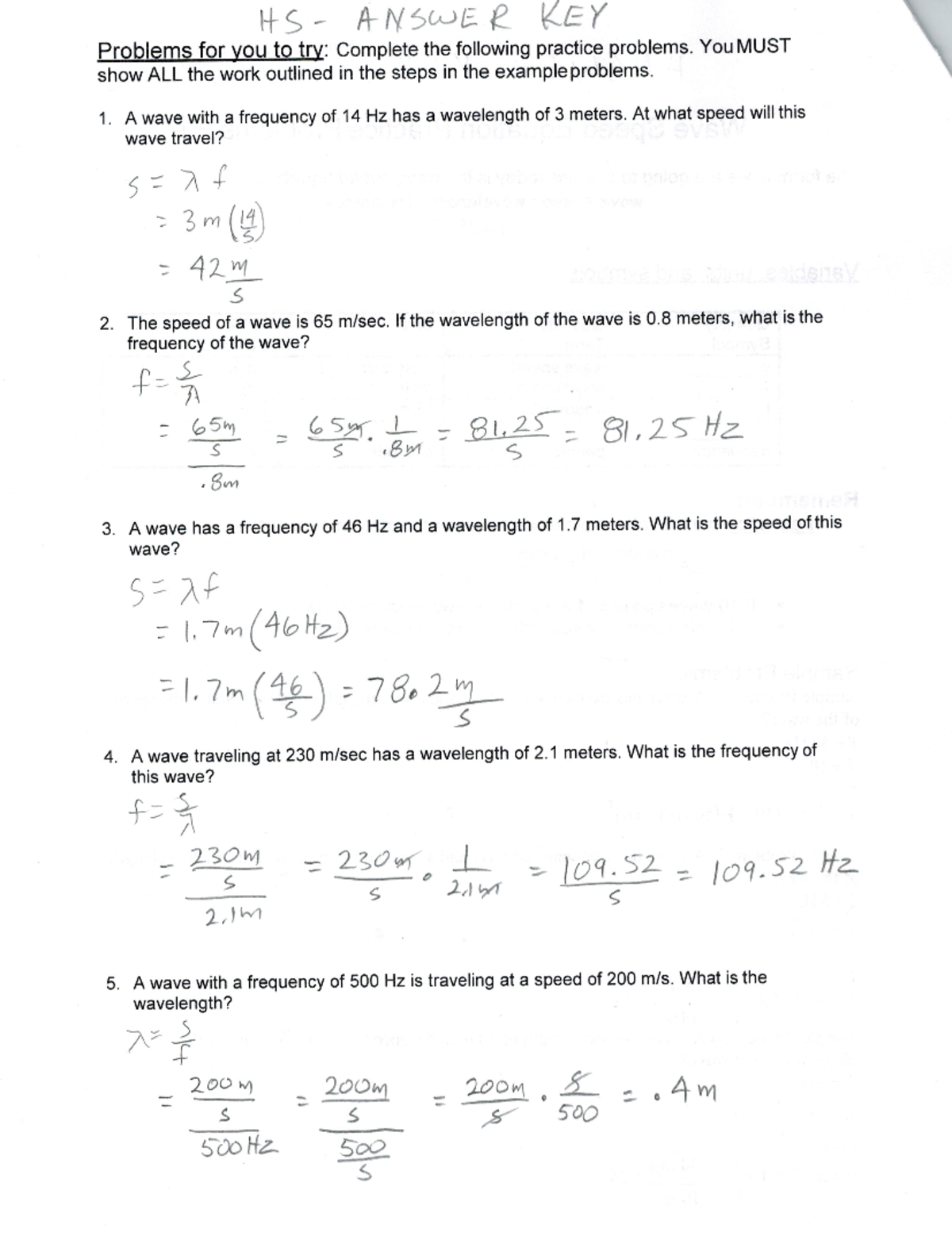 Wave Speed Equation Practice WS HS Answers 1276fvp - Chemical ...