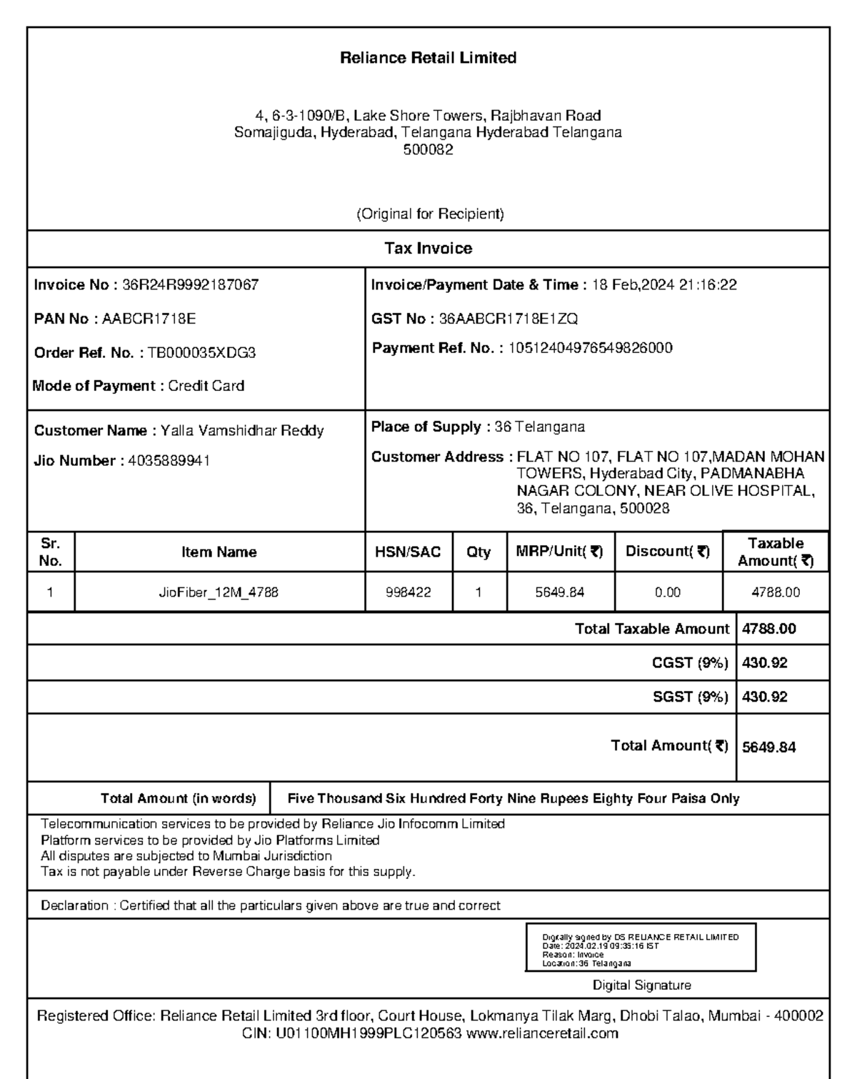 5501363 Vamshidhar Communication Jiofiber - Tax Invoice (Original for ...