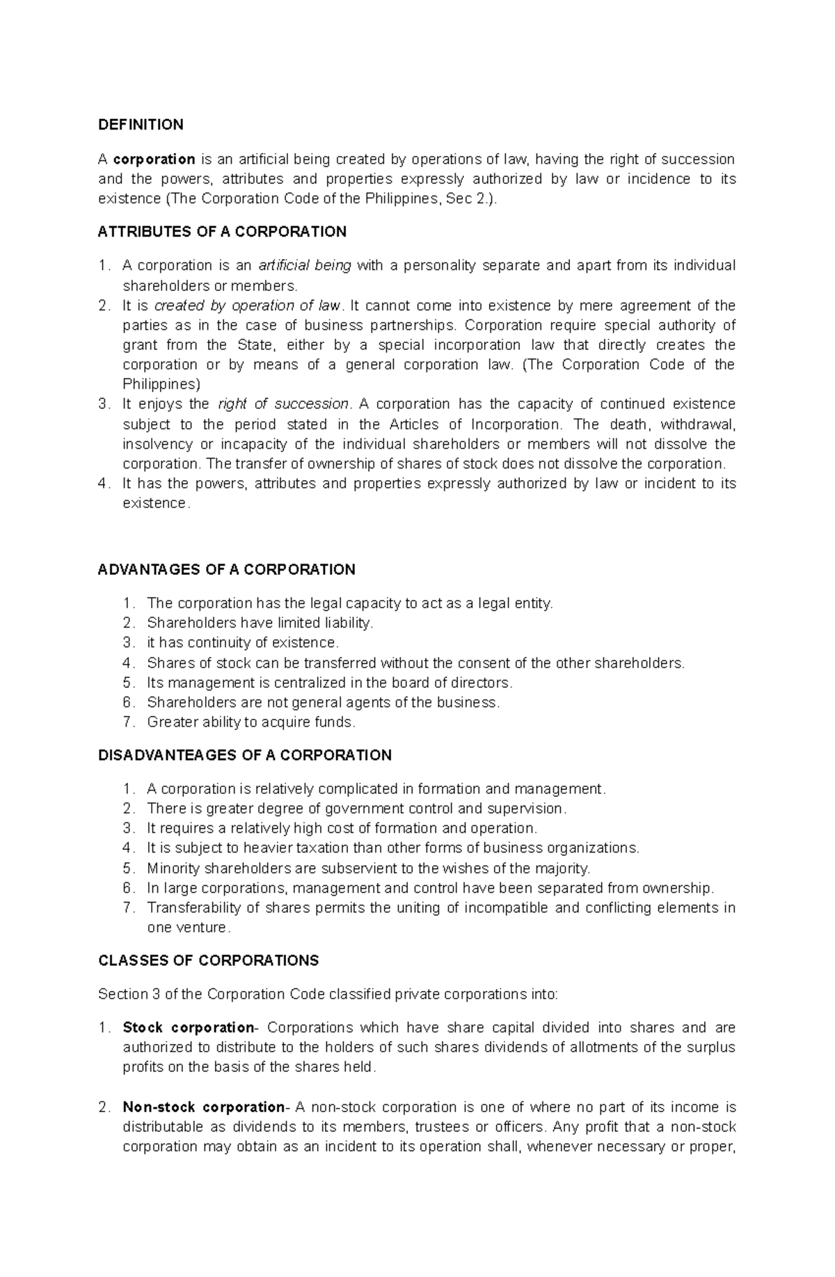 6. Basic Consideration in Corporations - DEFINITION A corporation is an ...