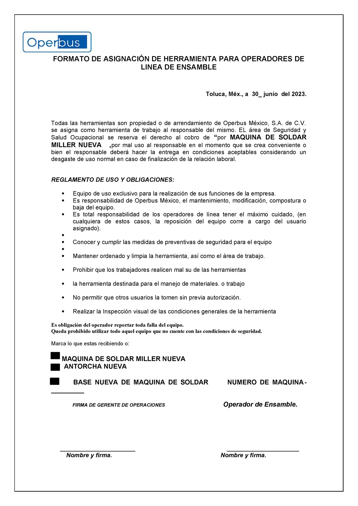 Responsiva Maquina De Soldar Formato De AsignaciÓn De Herramienta Para Operadores De Linea De 3899