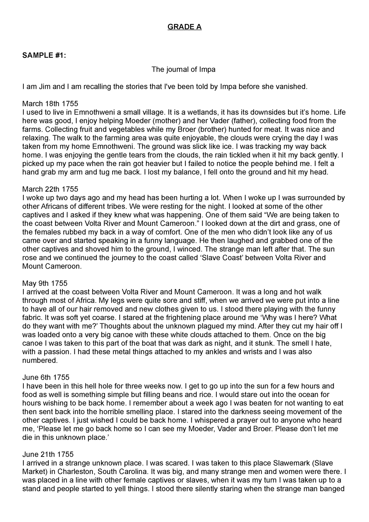 1 Slave Diary - Work Samples and Feedback - GRADE A SAMPLE #1: The ...