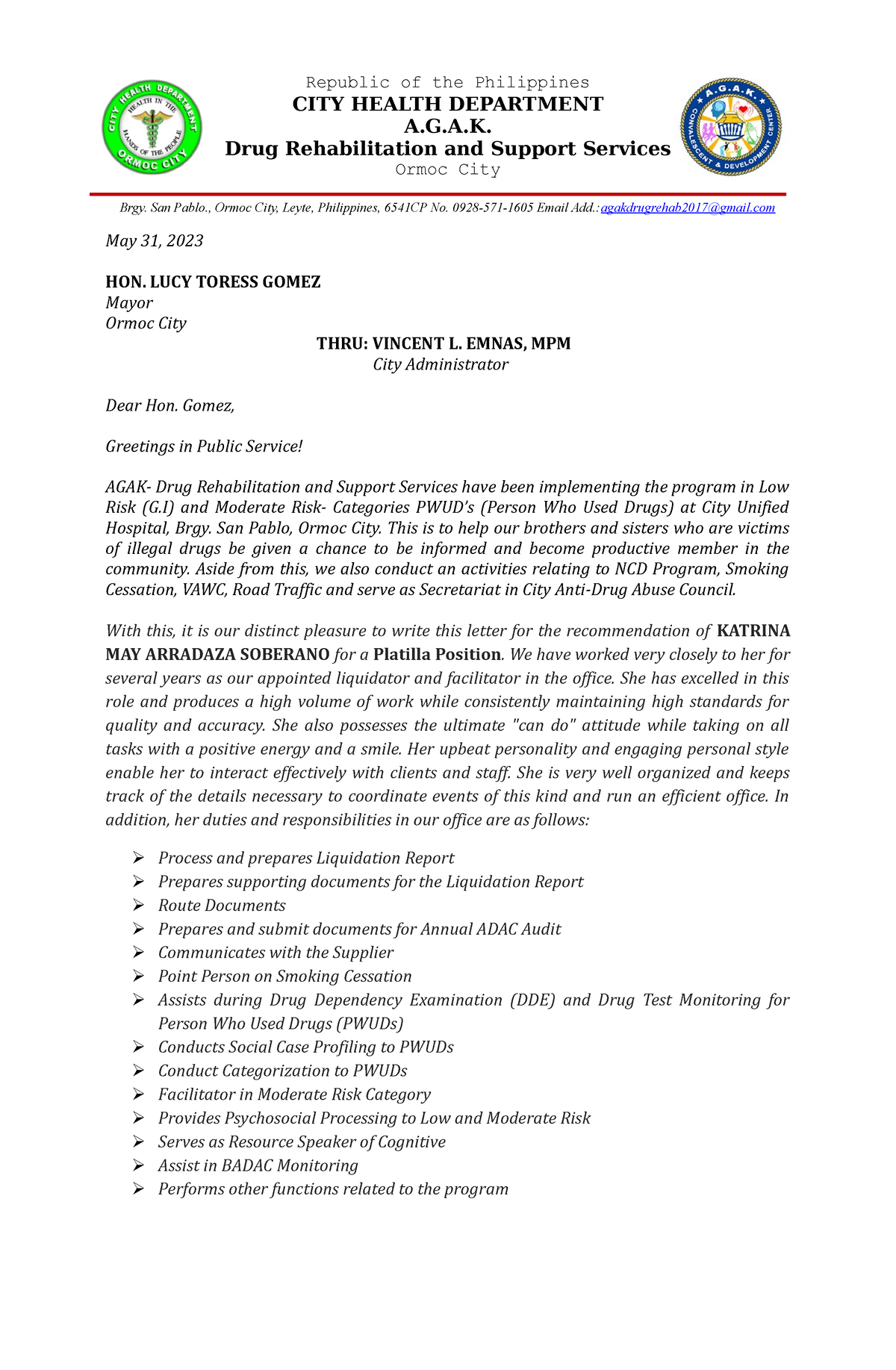 Recommendation Letter - Republic of the Philippines CITY HEALTH ...