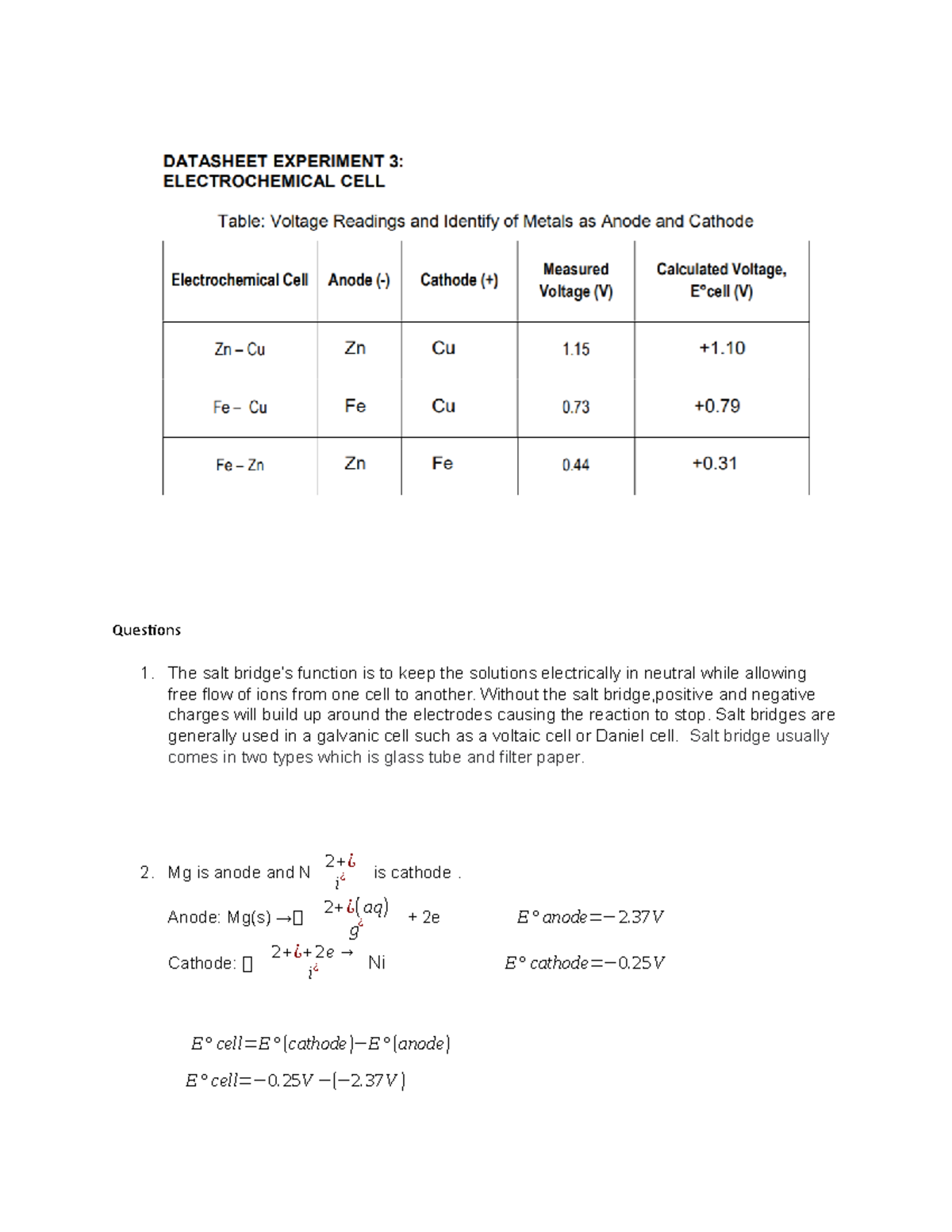 lab report electrochemistry lab report Questions The salt bridge’s