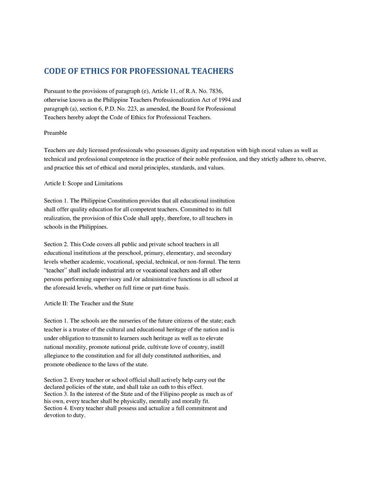 Code Of Ethics For Professional Teachers Evalenzuela S2 V2 Studocu