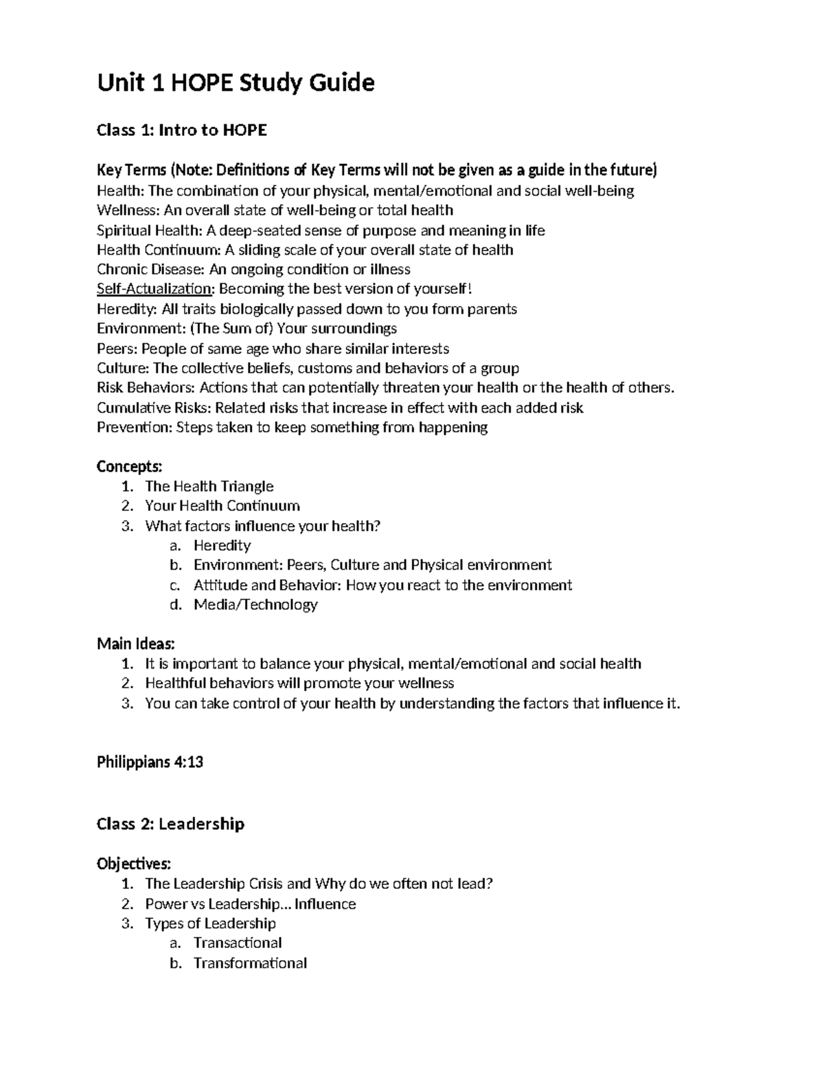 Unit 1 HOPE Study Guide - Unit 1 HOPE Study Guide Class 1: Intro to ...