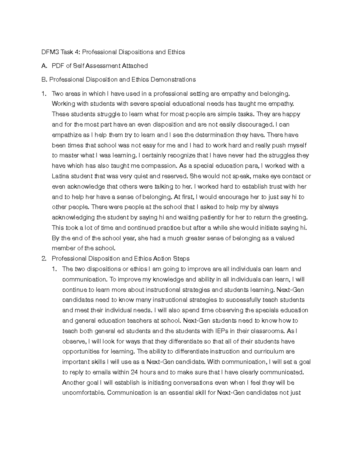 DFM3 Task 4: Professional Dispositions - PDF Of Self Assessment ...