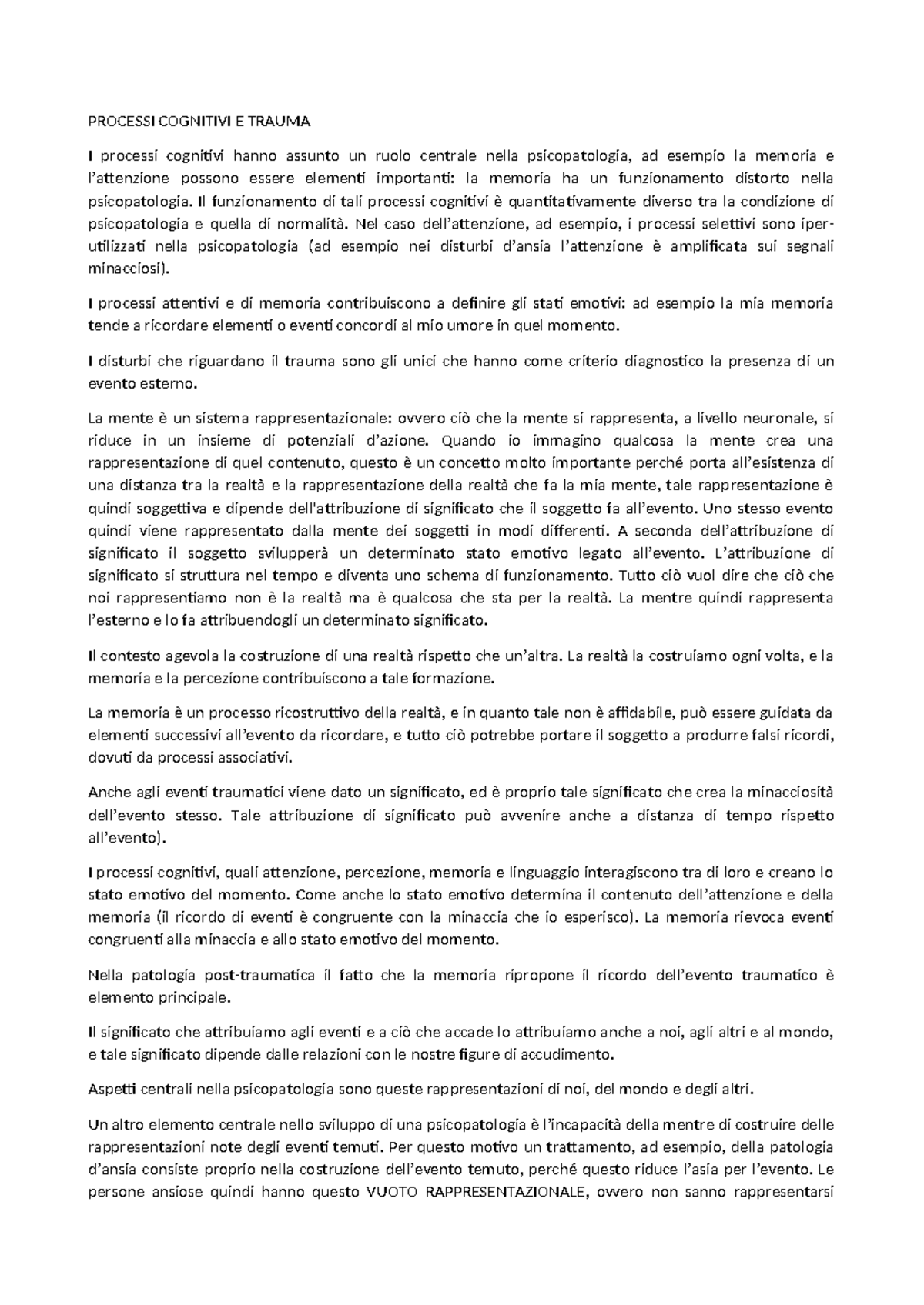 Processi Cognitivi E Trauma - PROCESSI COGNITIVI E TRAUMA I processi ...