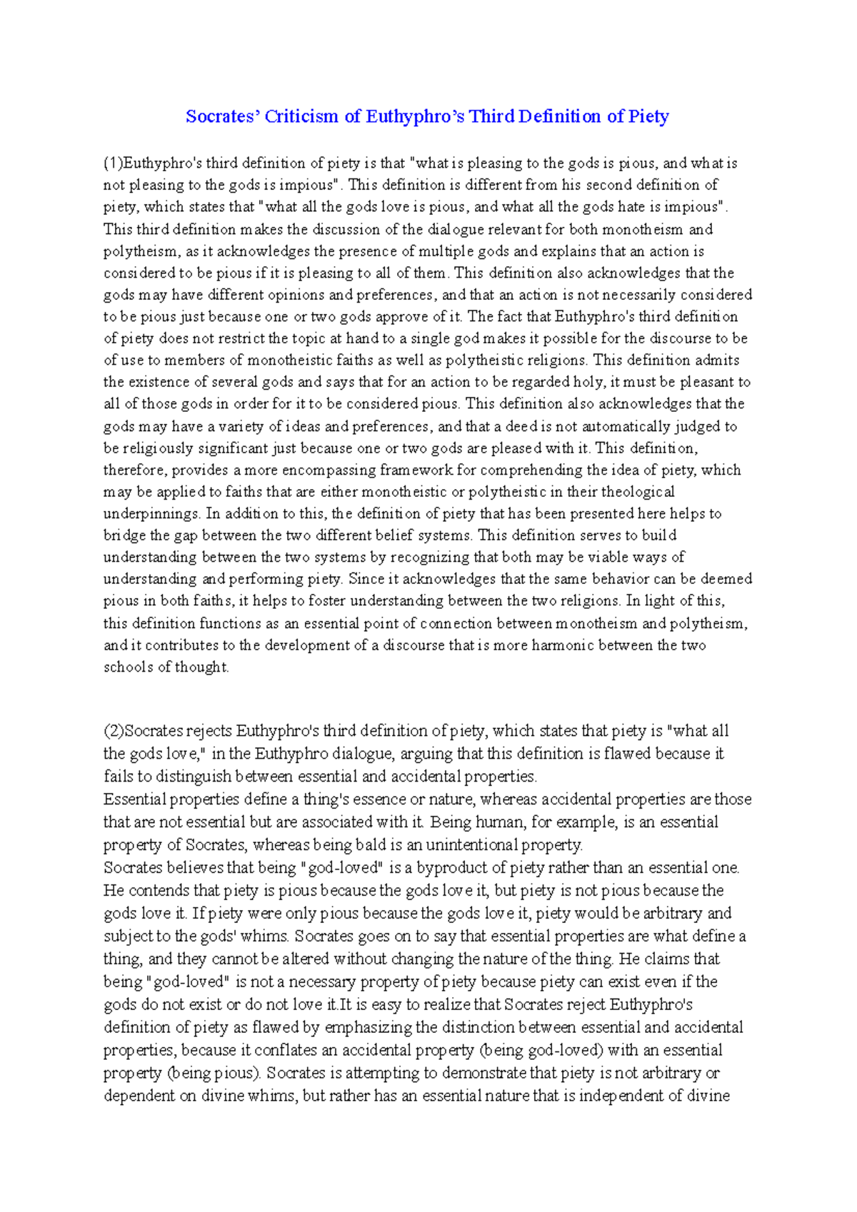 Socrates’ Criticism of Euthyphro’s Third Definition of Piety Socrates