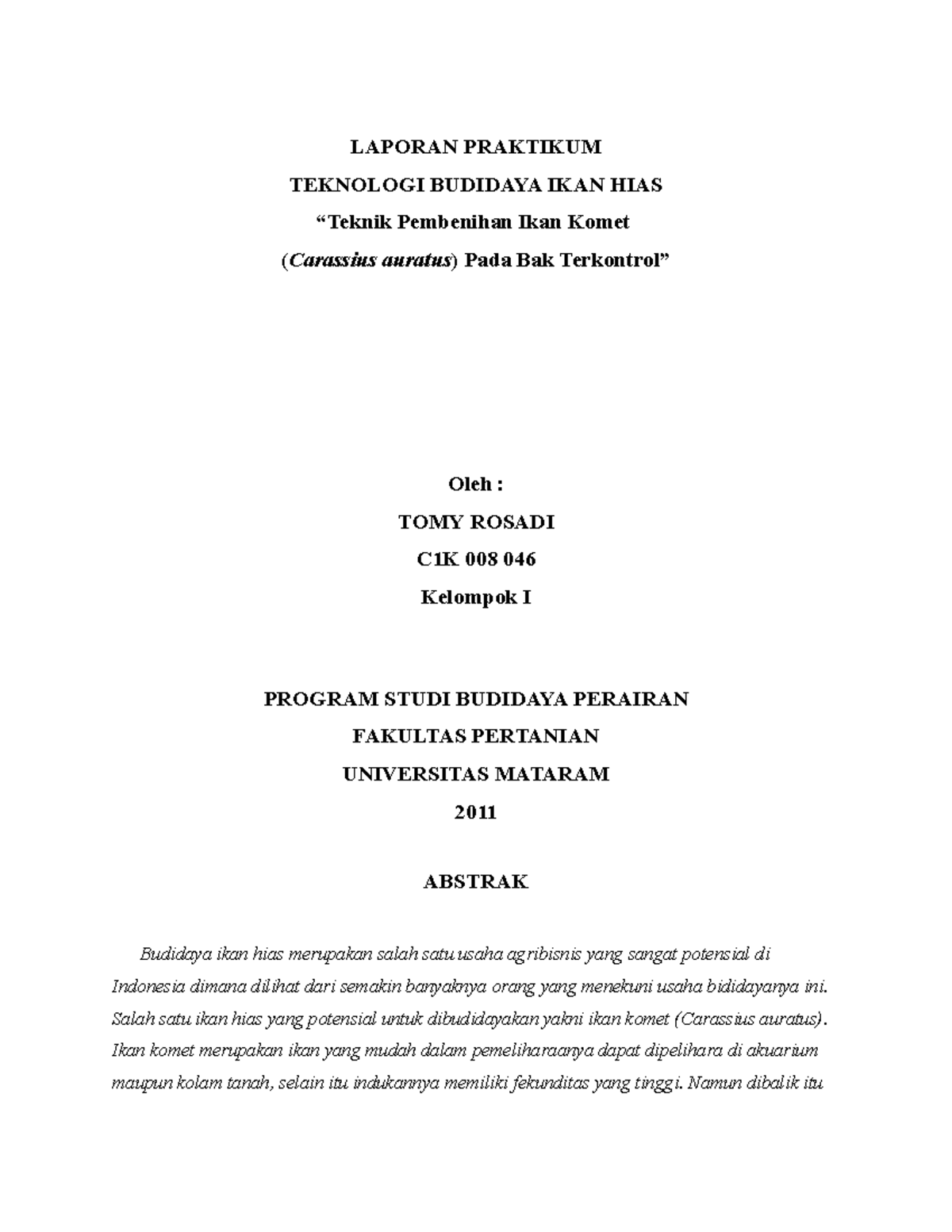 Laporan Praktikum Budidaya Ikan Hias - LAPORAN PRAKTIKUM TEKNOLOGI ...