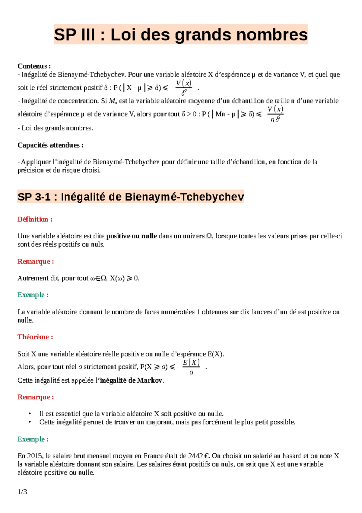 Loi Des Grands Nombres - SP III : Loi Des Grands Nombres Contenus ...