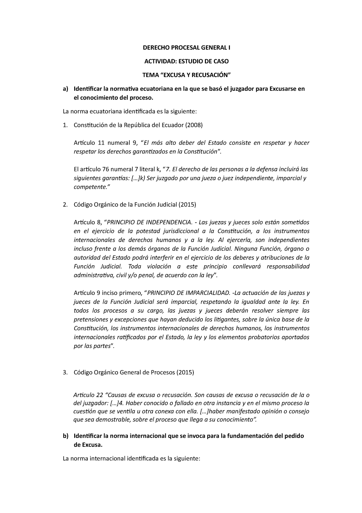 Excusa Y Recusación” - DERECHO PROCESAL GENERAL I ACTIVIDAD: ESTUDIO DE ...