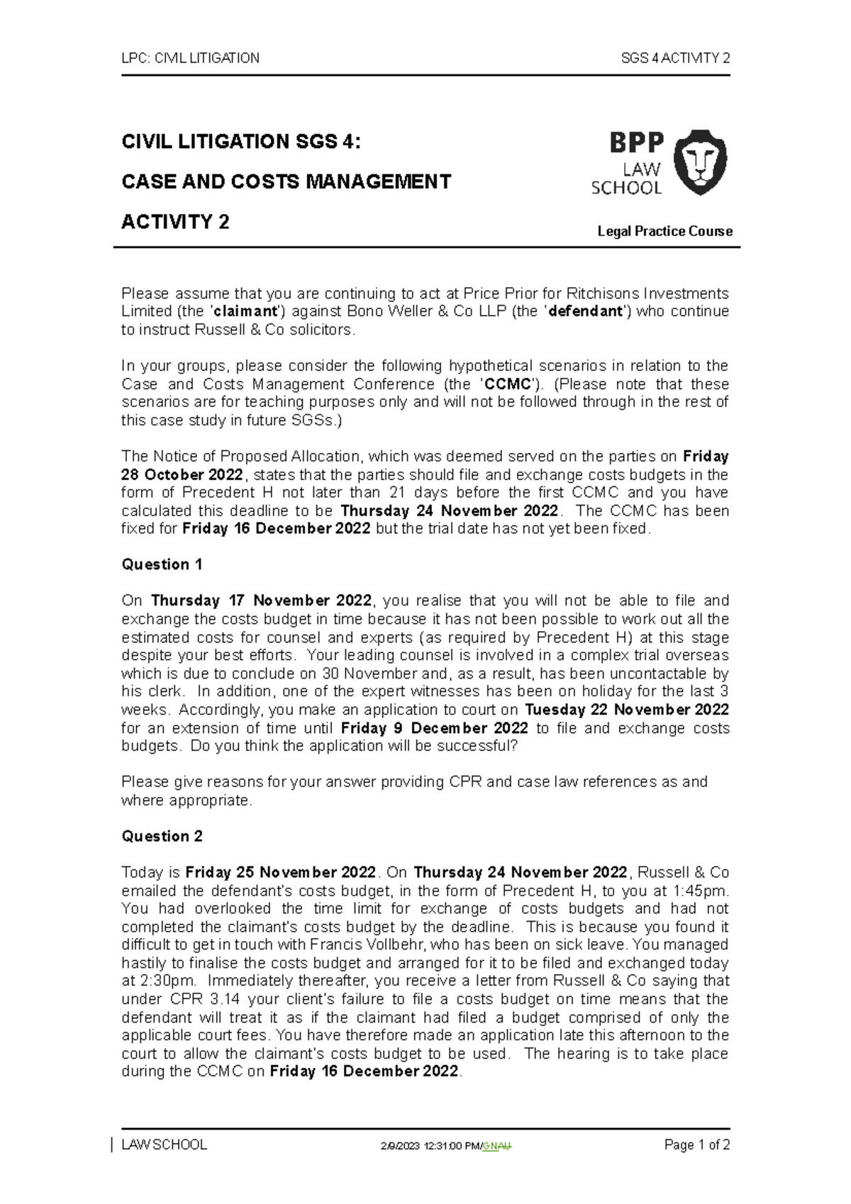 Civil Litigation SGS 4 Activity 2 - LPC: CIVIL LITIGATION SGS 4 ...