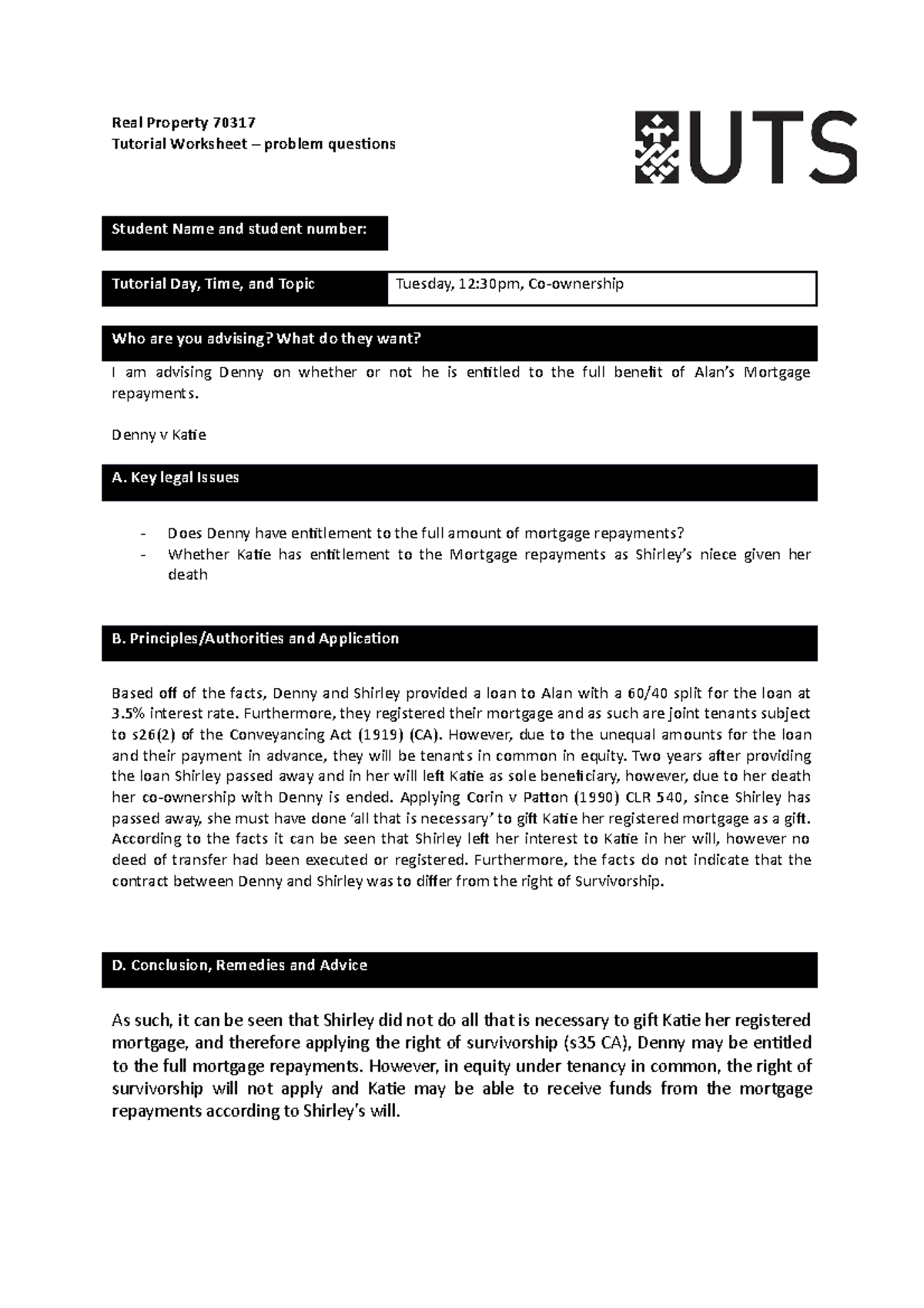 Tutorial 4 Problem question - Real Property 70317 Tutorial Worksheet ...