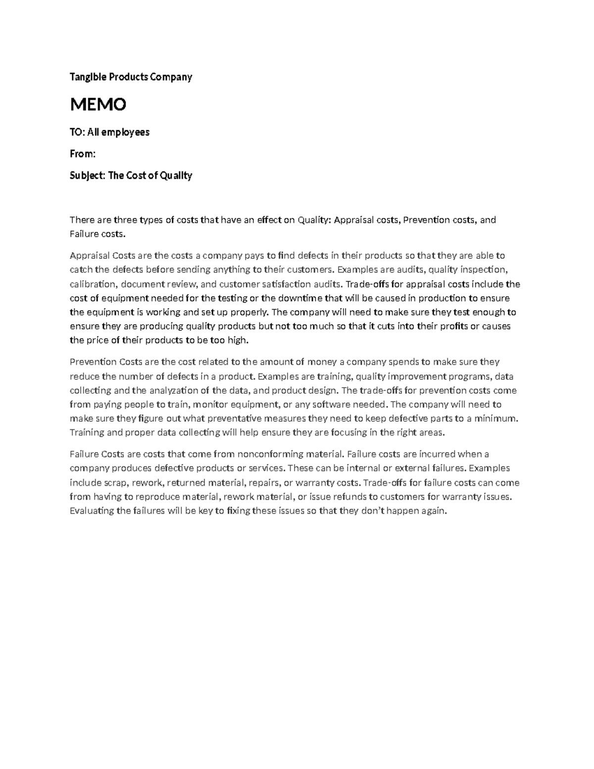 QHT1 Task 1 - Tangible Products Company MEMO TO: All employees From ...