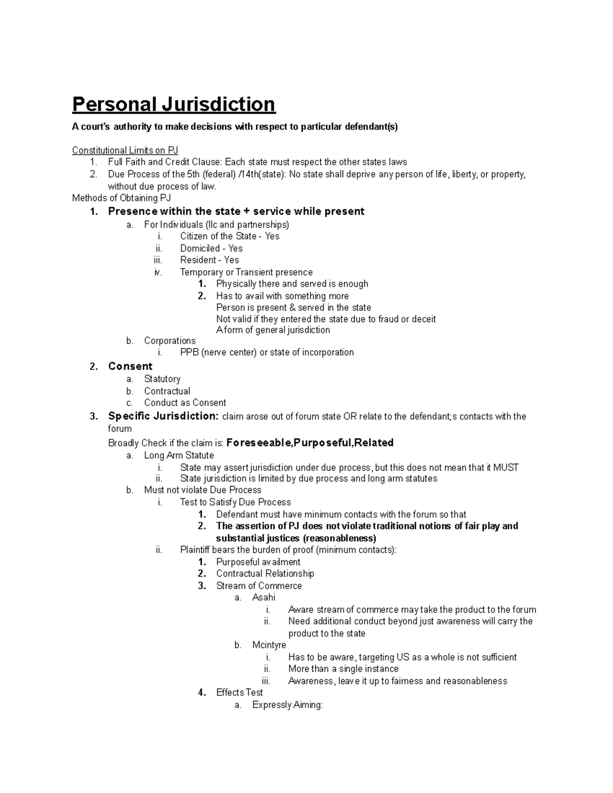 Civ Pro Outline - Personal Jurisdiction A Court’s Authority To Make ...