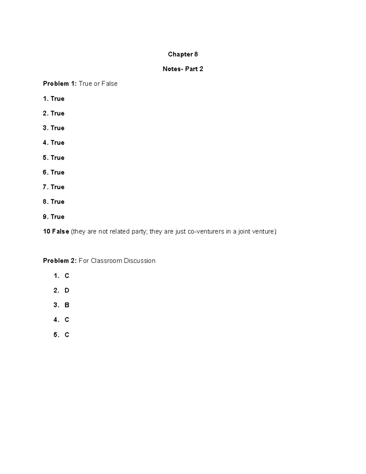 Chapter 8 - Solution Manual - Chapter 8 Notes- Part 2 Problem 1: True ...