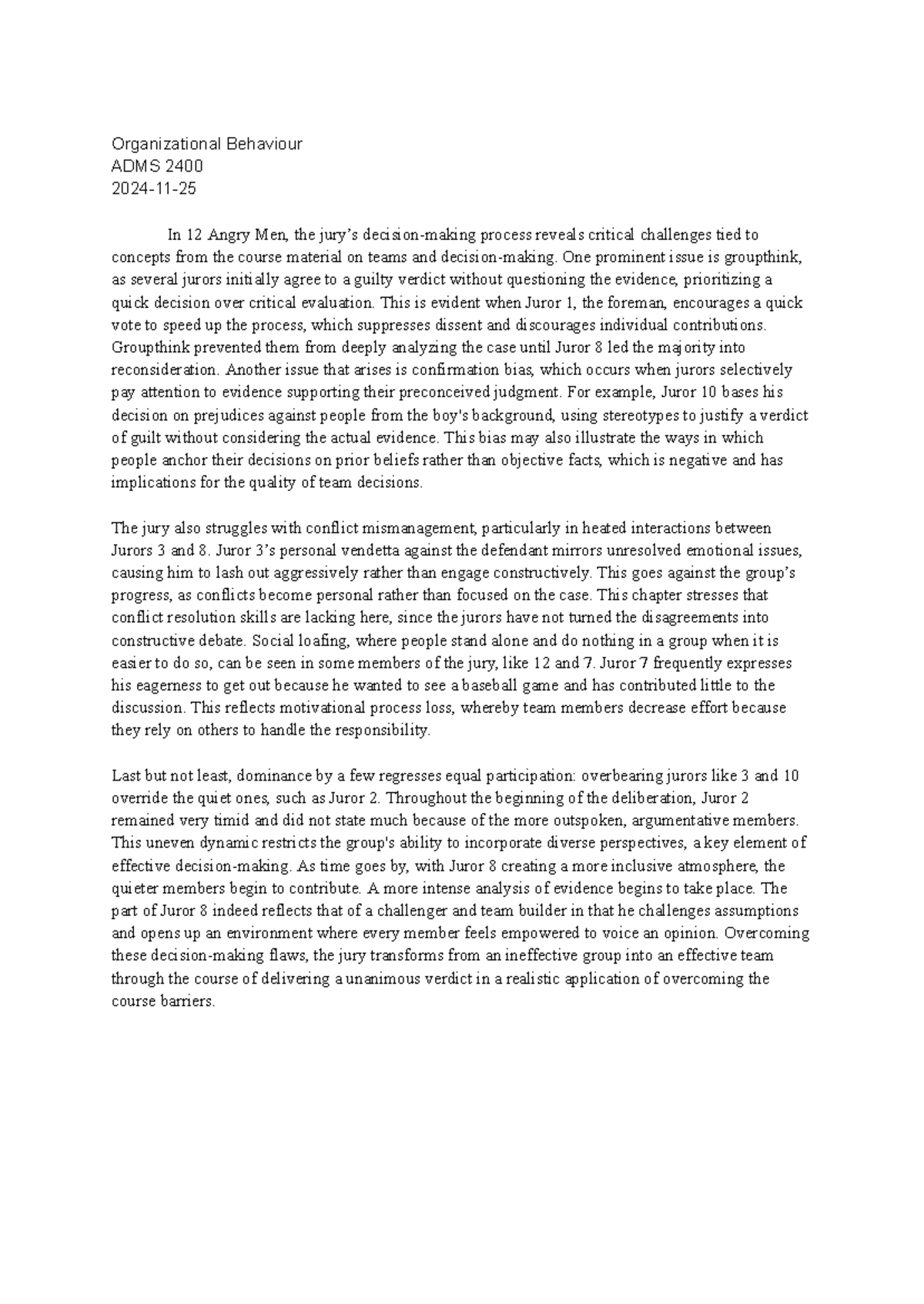 OB Decision making - Organizational Behaviour ADMS 2400 2024-11- In 12 ...