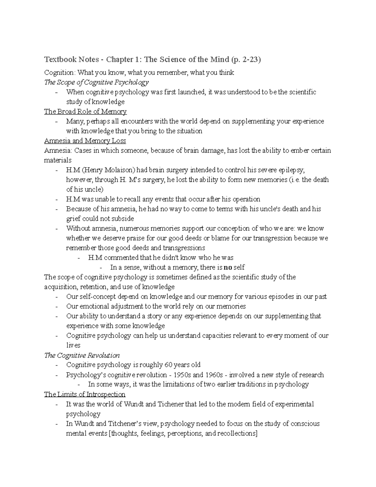 Textbook Notes Chapter 1 The Science of the Mind - Textbook Notes ...