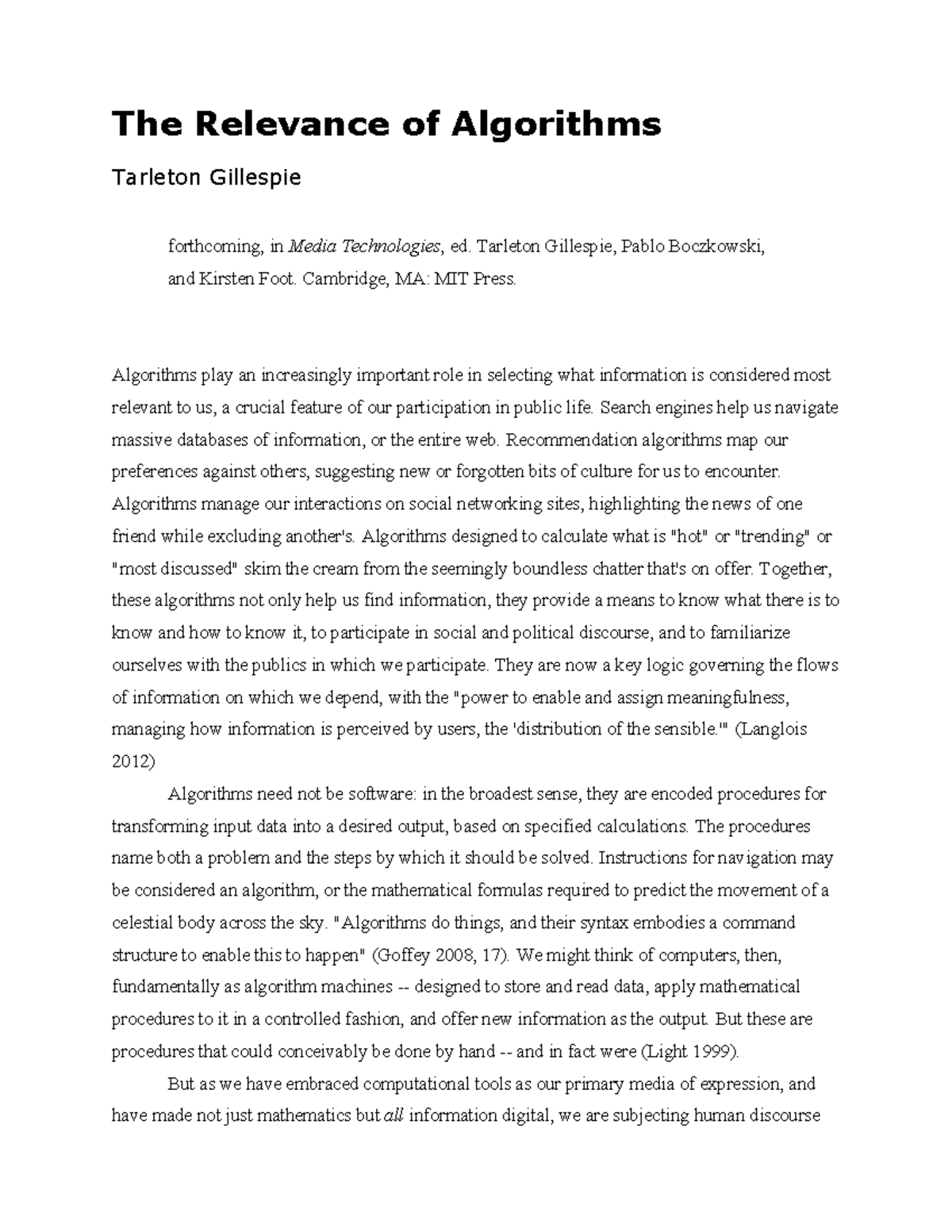 Gillespie The Relevance of Algorithms SU Studocu