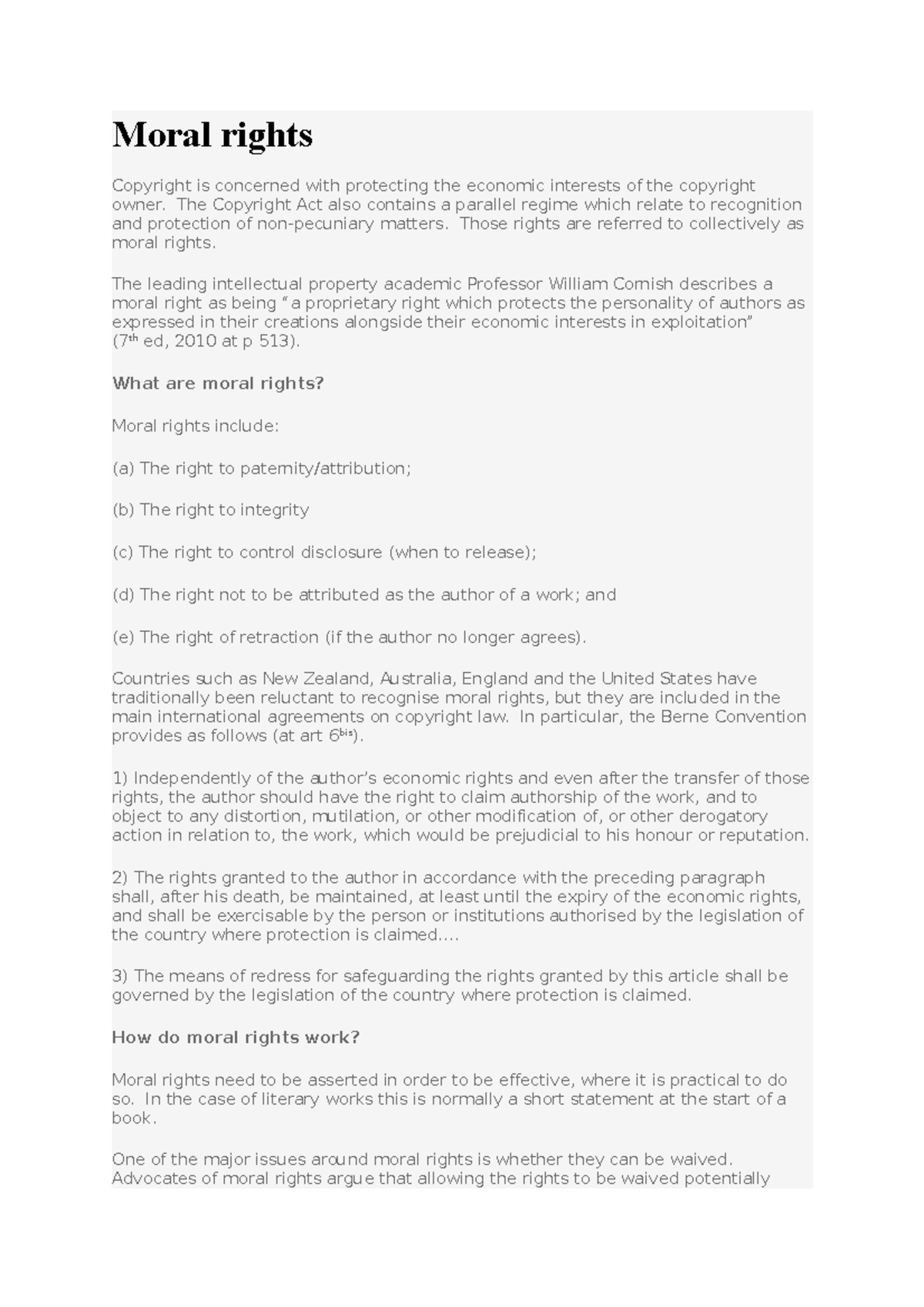 Moral Rights In relation to Media Law Moral rights Copyright is