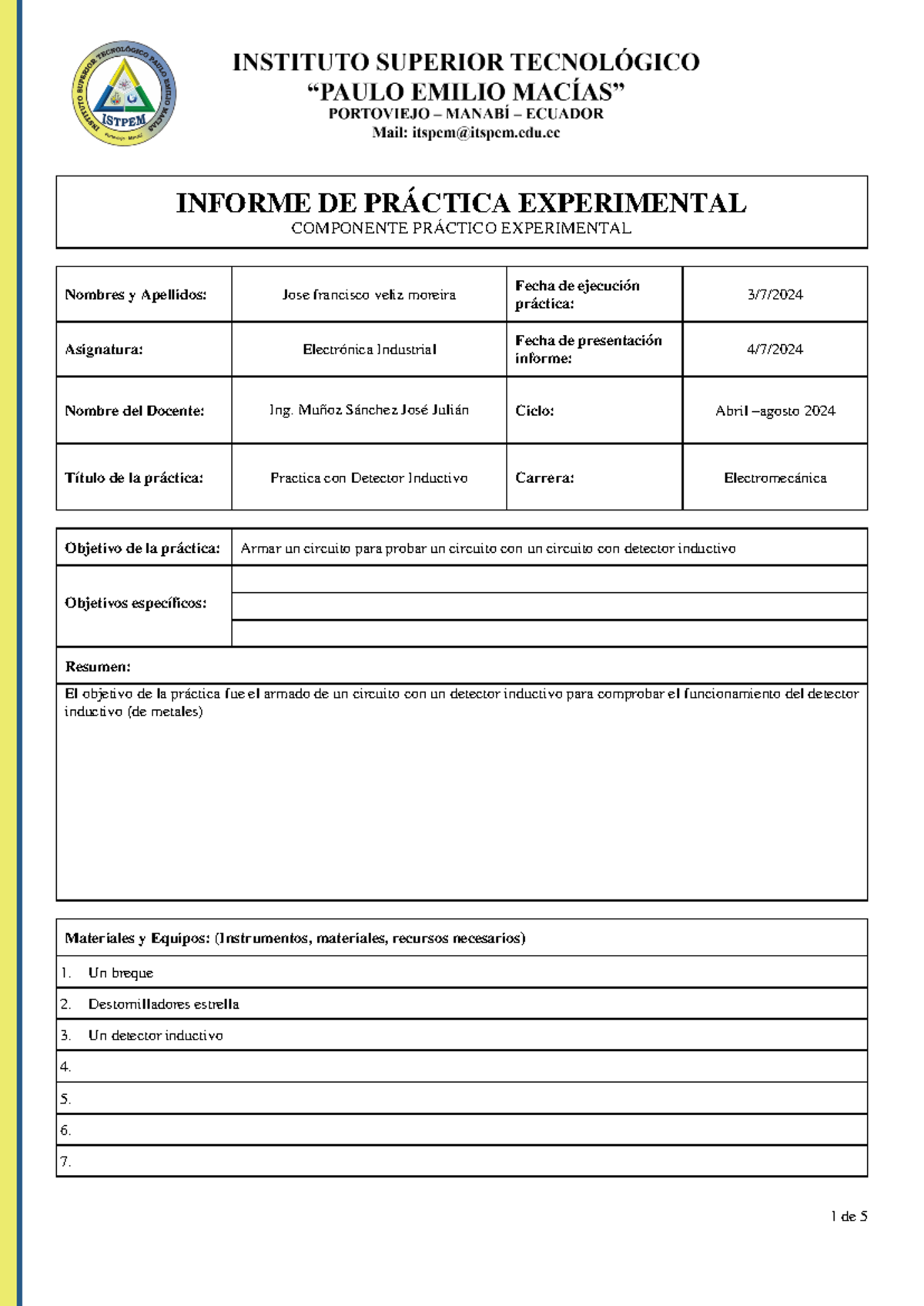 Practico experimental 3 - INFORME DE PRÁCTICA EXPERIMENTAL COMPONENTE ...