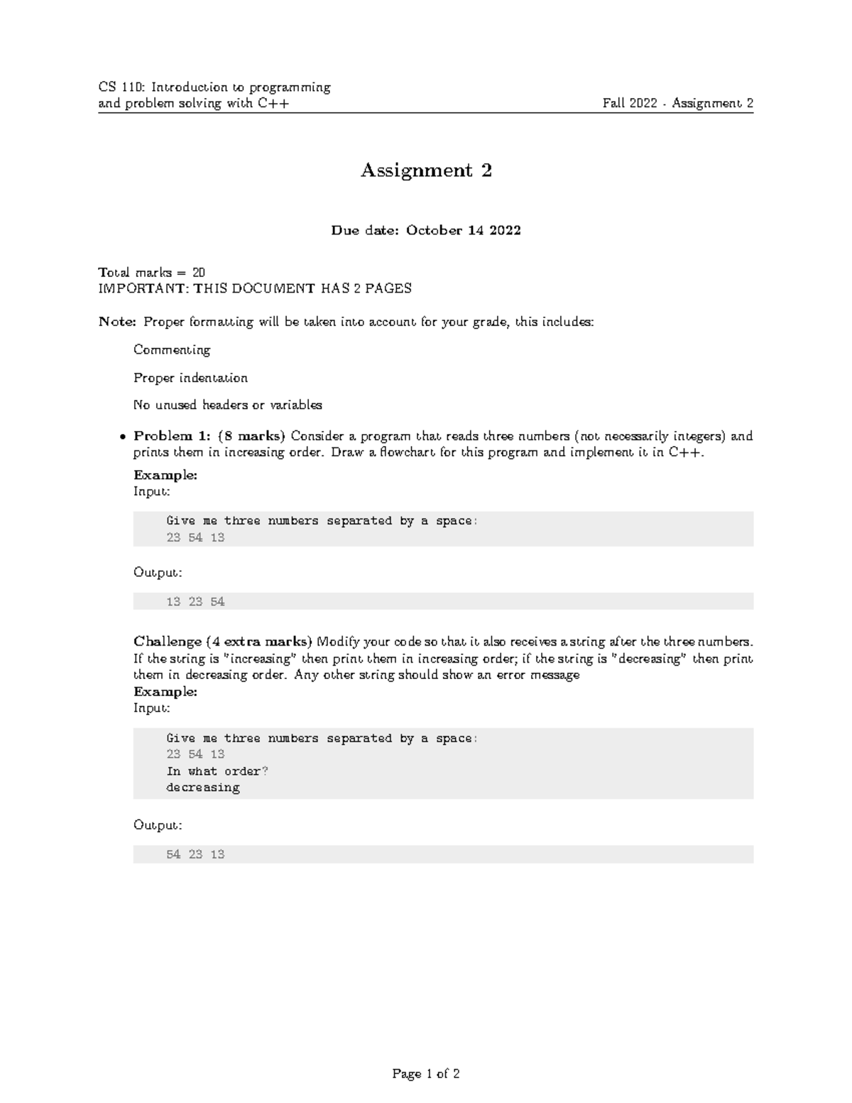 Assignment 2 CS110 - CS 110: Introduction To Programming And Problem ...