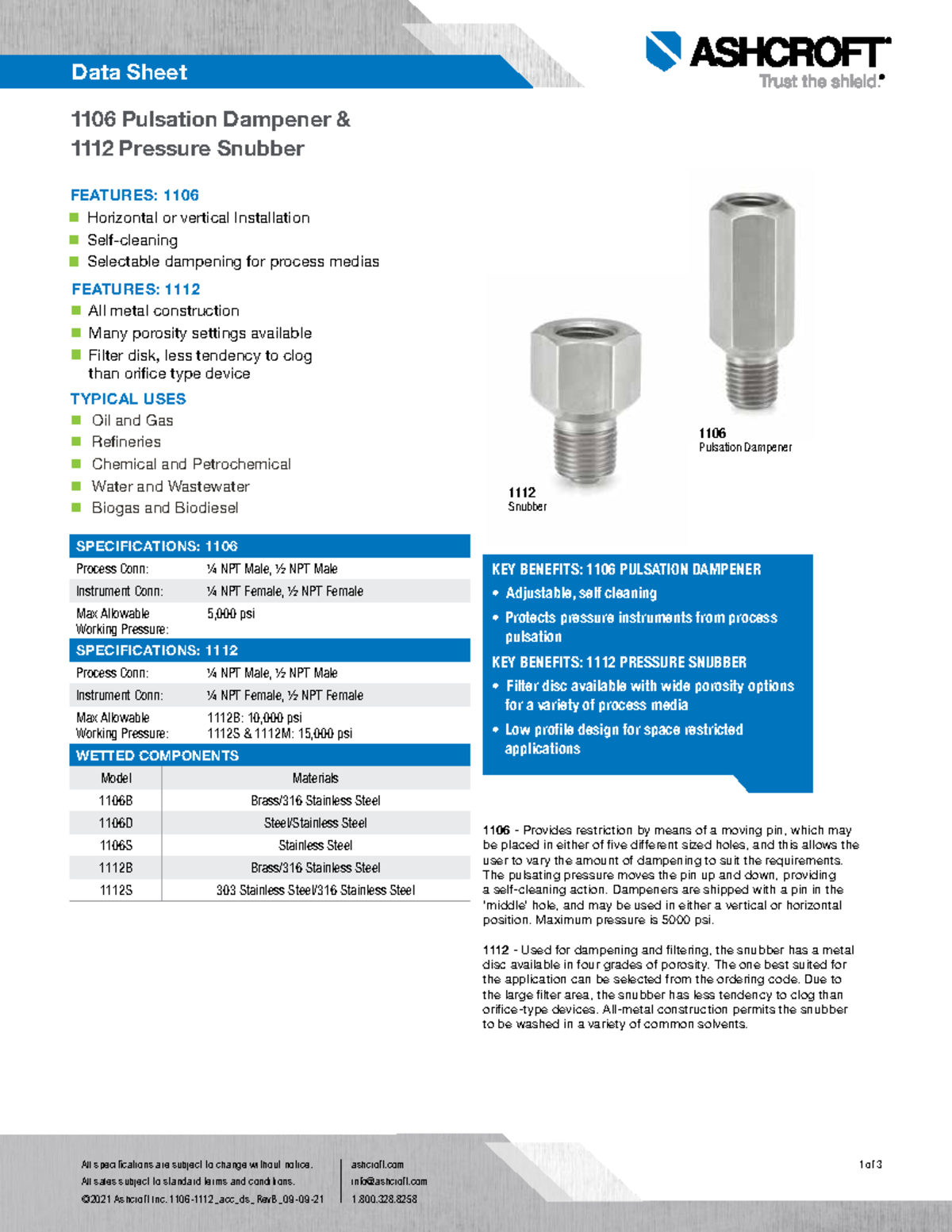Datasheet 1106 pulsation dampener 1112 pressure snubber TYPICAL USES