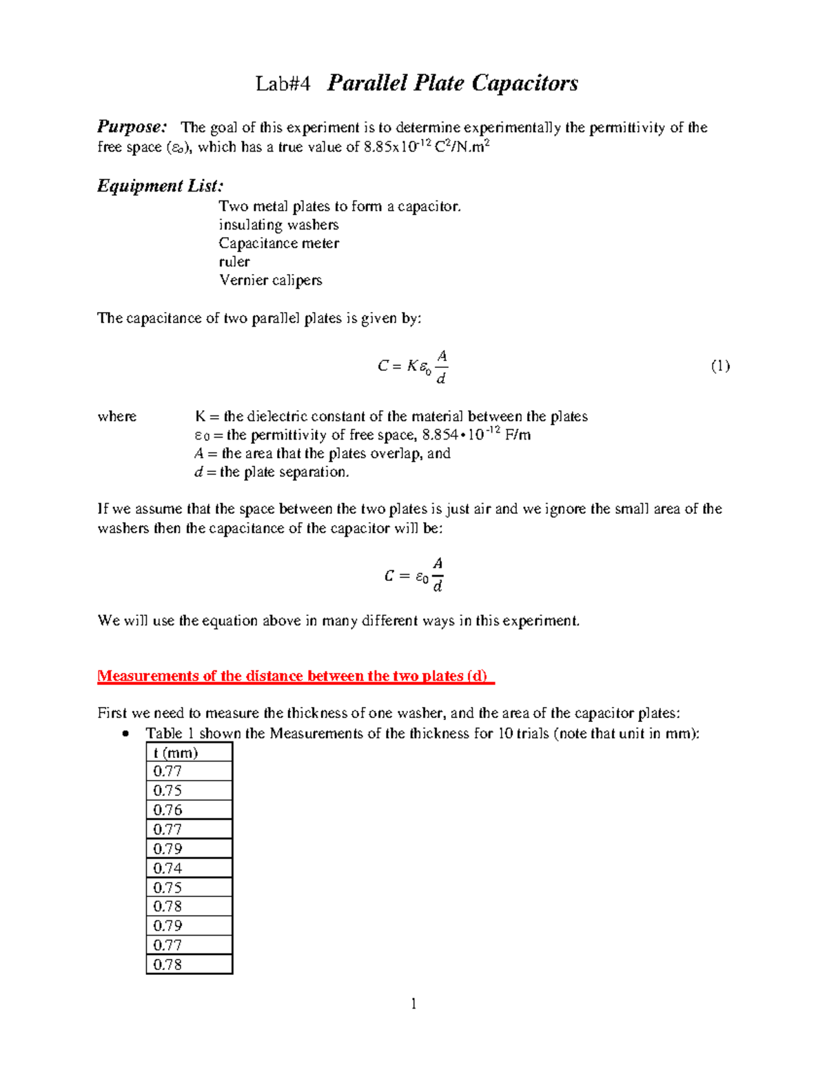 Lab4 parallel plate capacitor Lab4 Parallel Plate Capacitors