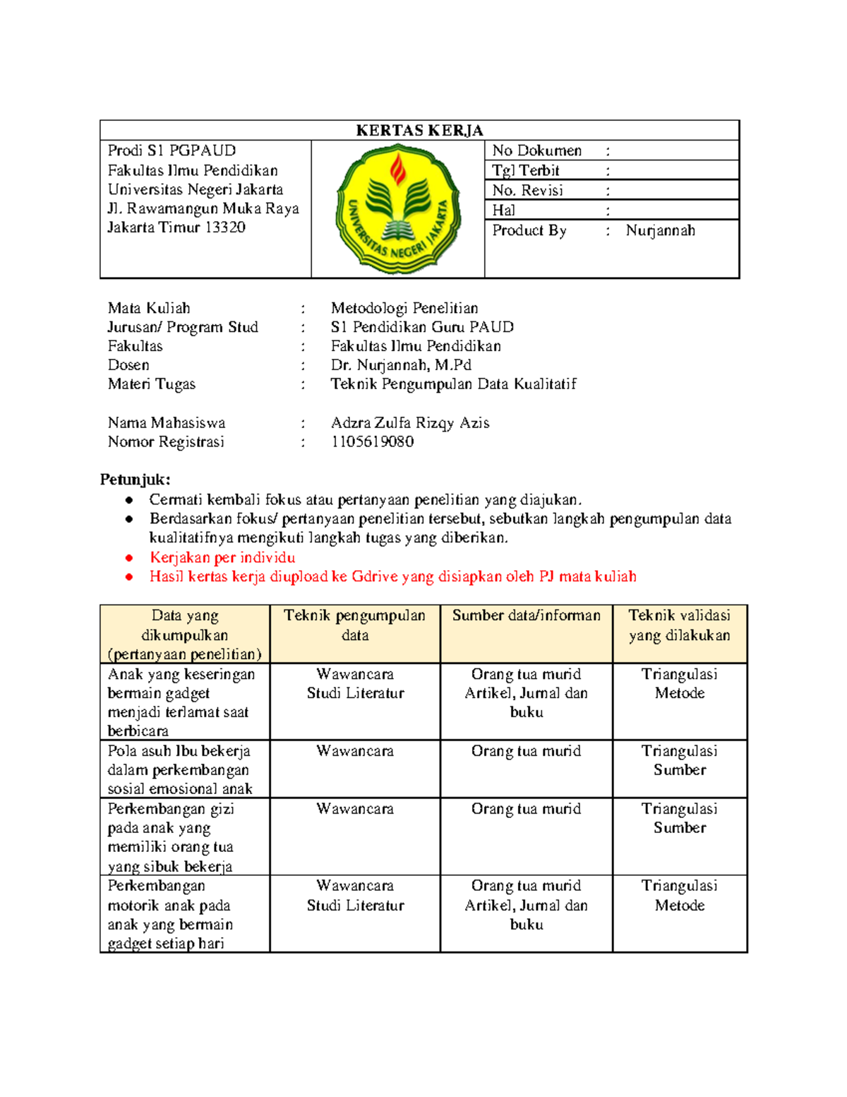 Kertas Kerja Teknik Pengumpulan Data Kualitatif S1 PAUD - KERTAS KERJA ...