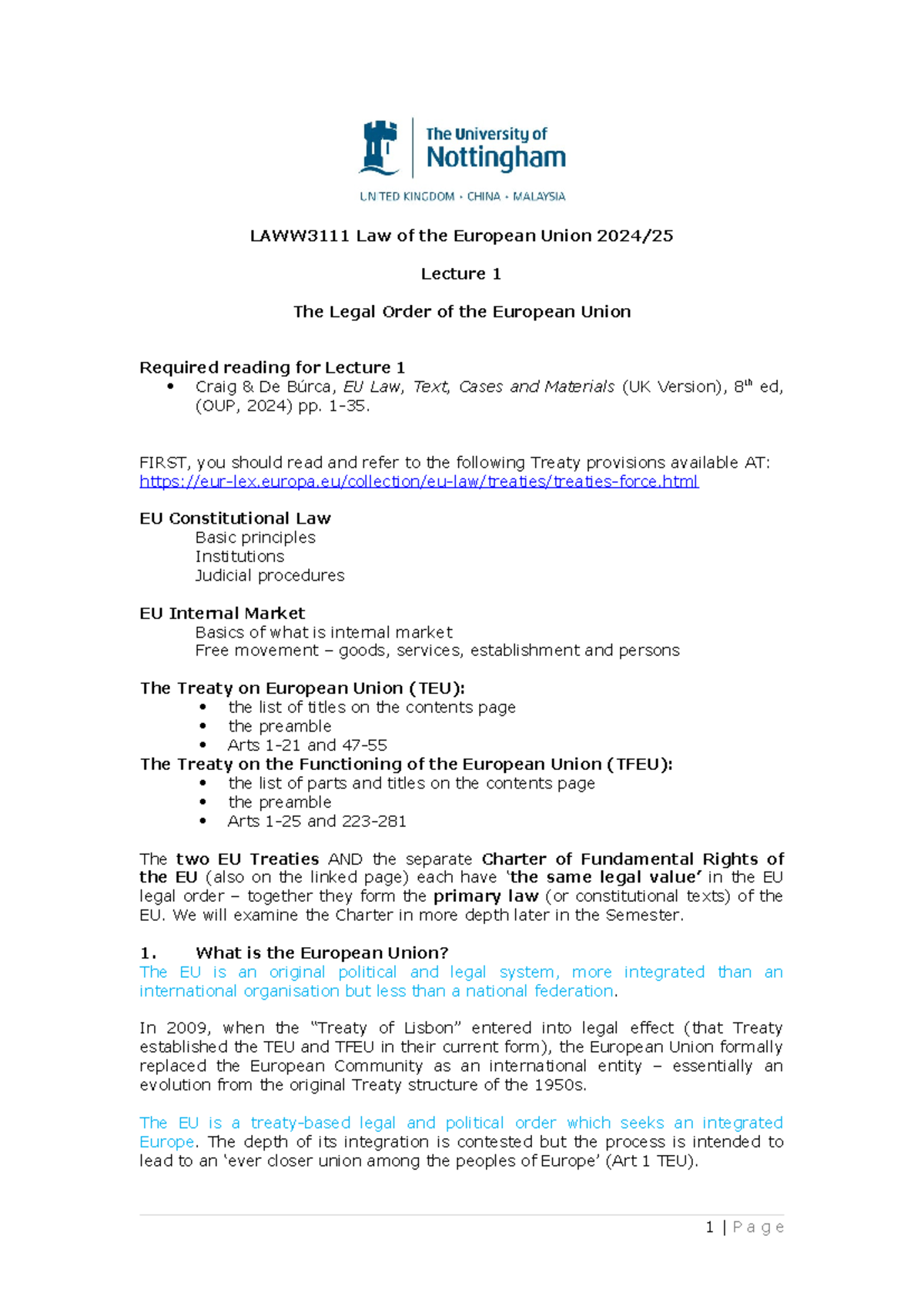 1. Legal order of the EU - LAWW3111 Law of the European Union 2024 ...