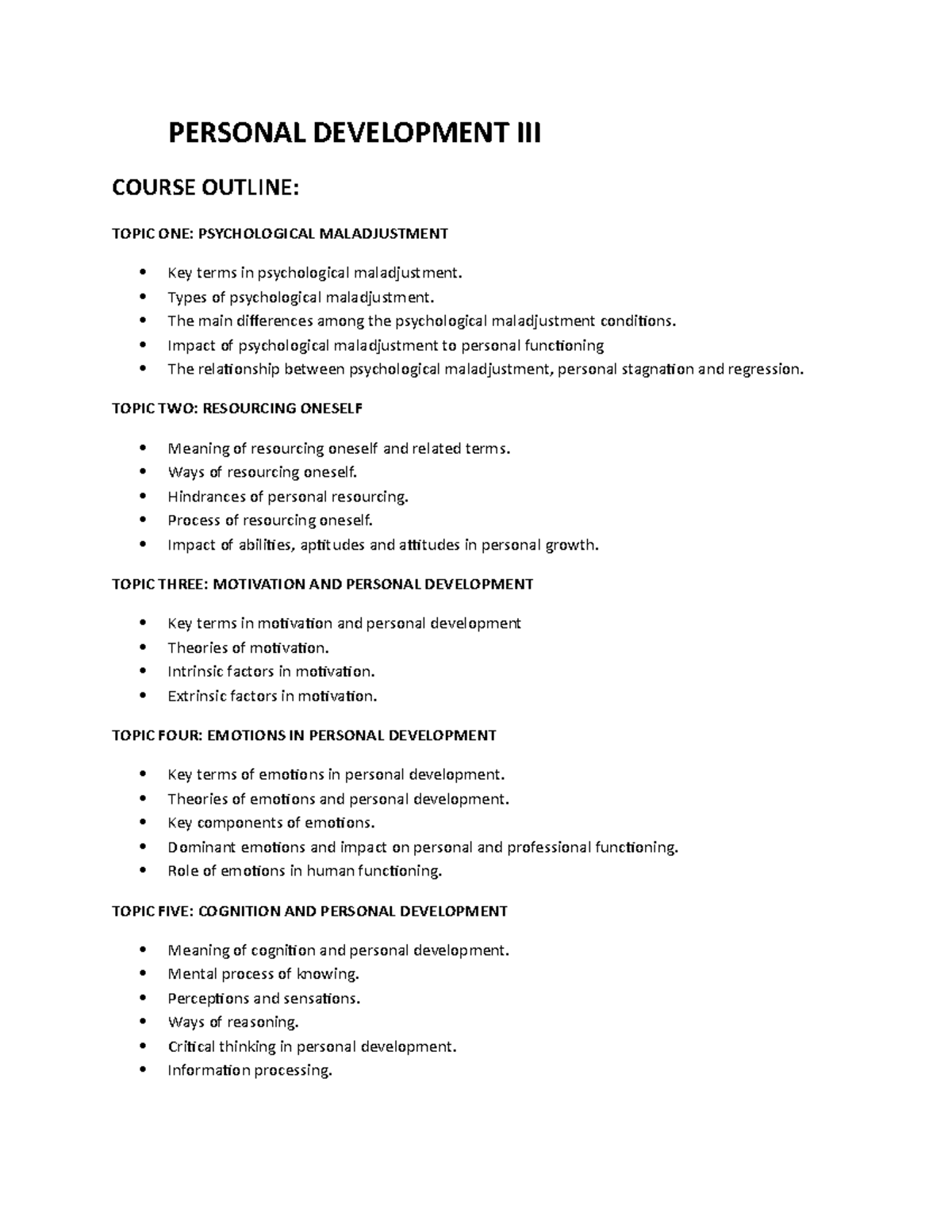 Personal Development III - PERSONAL DEVELOPMENT III COURSE OUTLINE ...