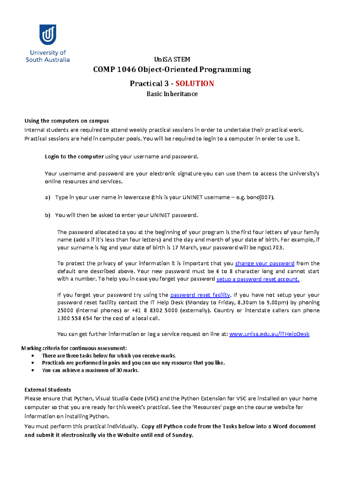 COMP 1046 OOP Prac 03 Inheritance SOL - UniSA STEM COMP 10 46 Object ...