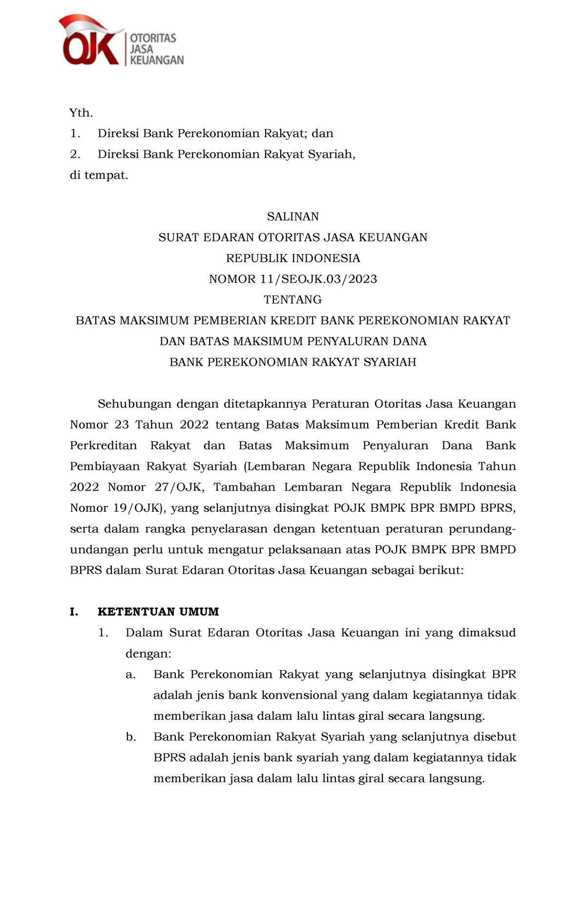 Seojk 11 Seojk.03 2023 - Batas Maksimum Pemberian Kredit BPR dan Batas