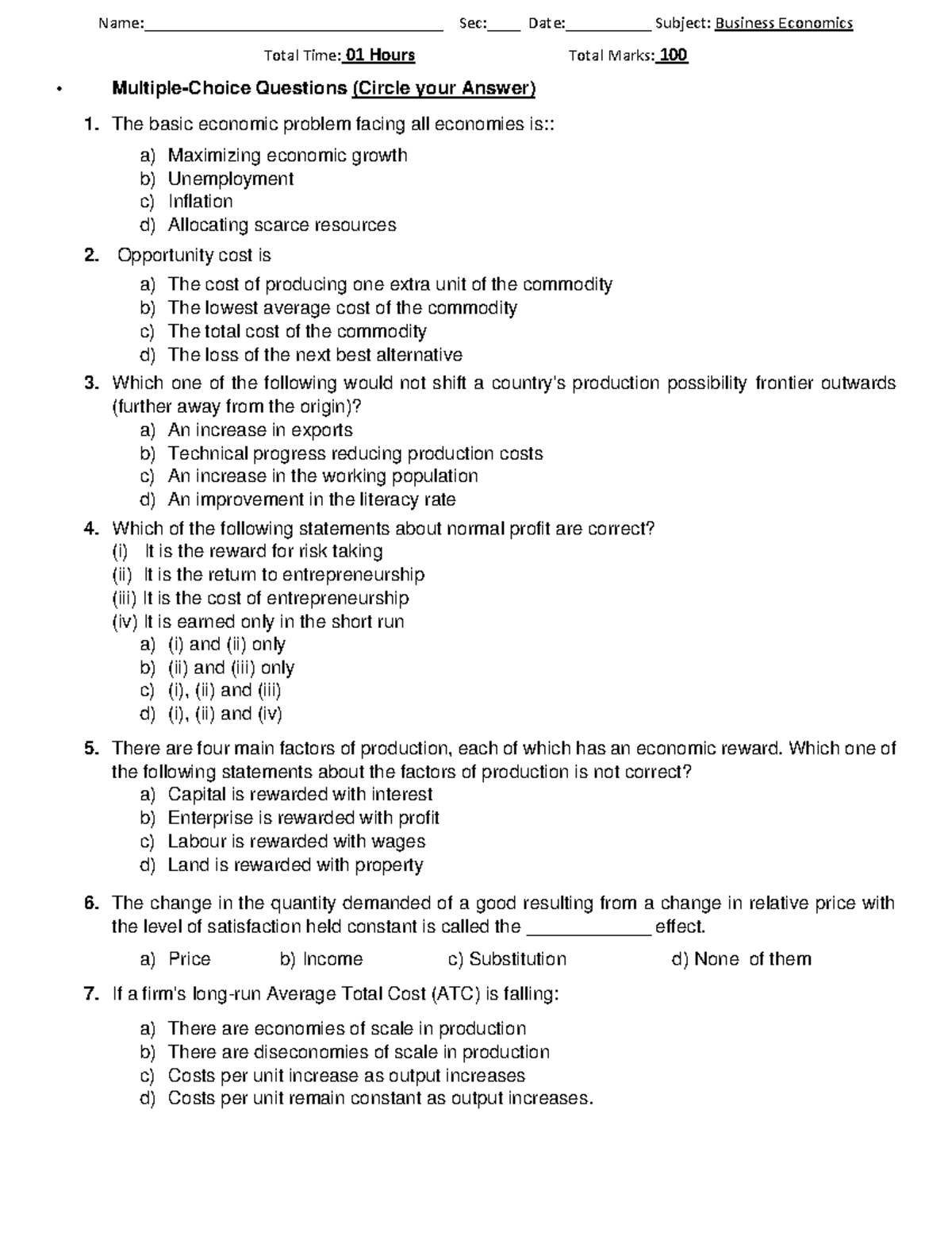 Business Economics - 100 MCQS - Sec B - Total Time: 01 Hours Total ...