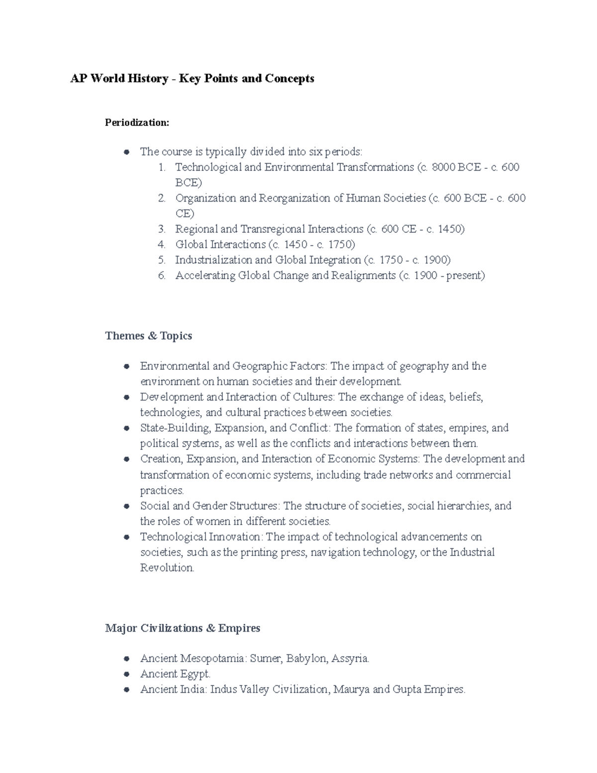 AP World History Key Points and Concepts - AP World History - Key