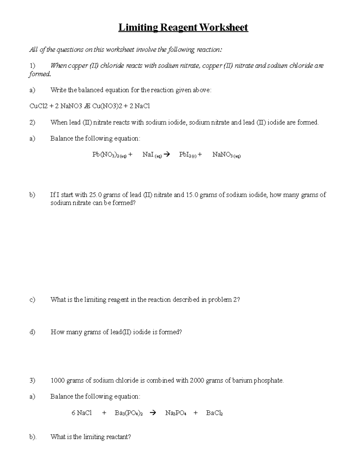 Limiting Reactant Reg Student - Limiting Reagent Worksheet All Of The 