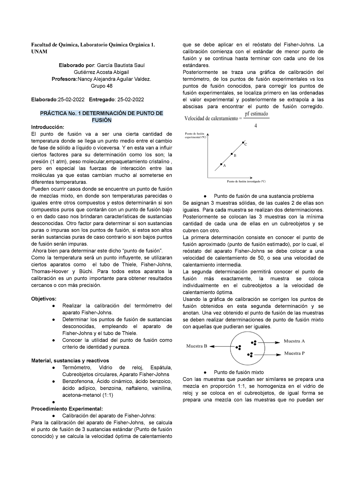 Informe Práctica 1 Determinación de punto de fusión - Facultad de ...