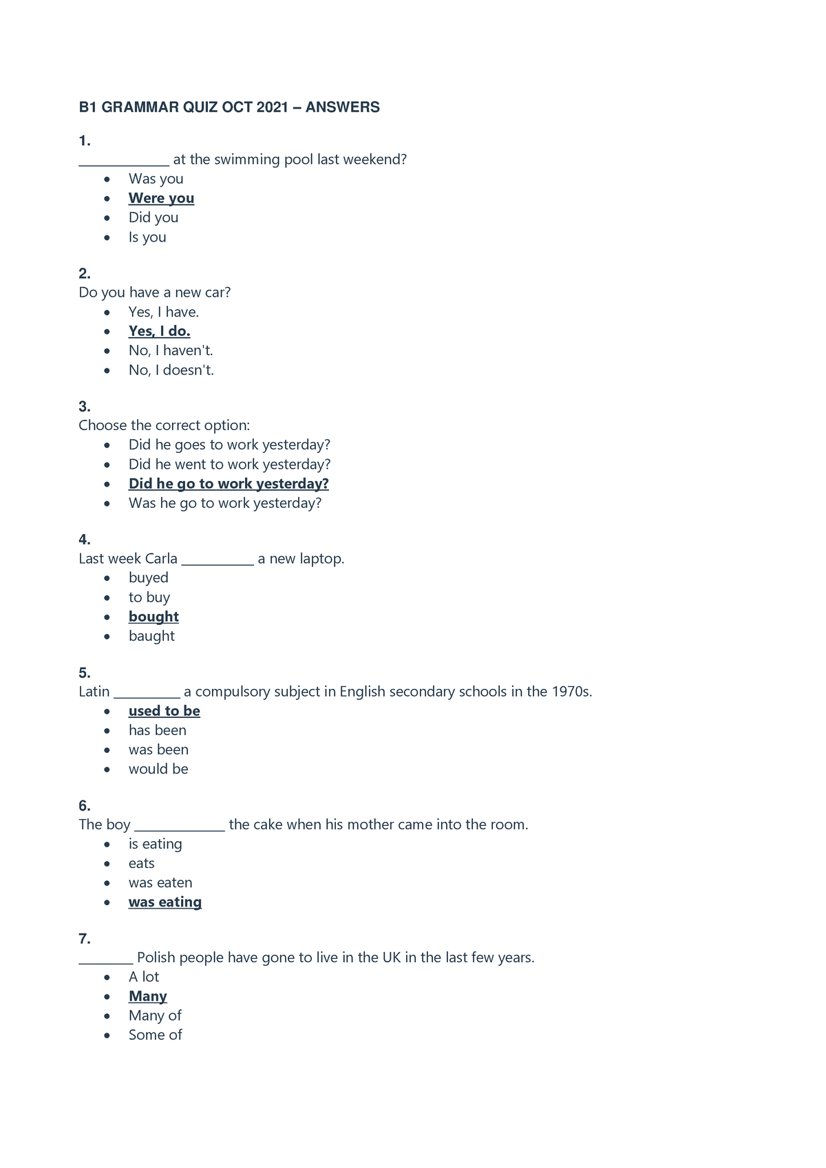 Grammar Exercises B1 - B1 GRAMMAR QUIZ OCT 2021 – ANSWERS 1 ...