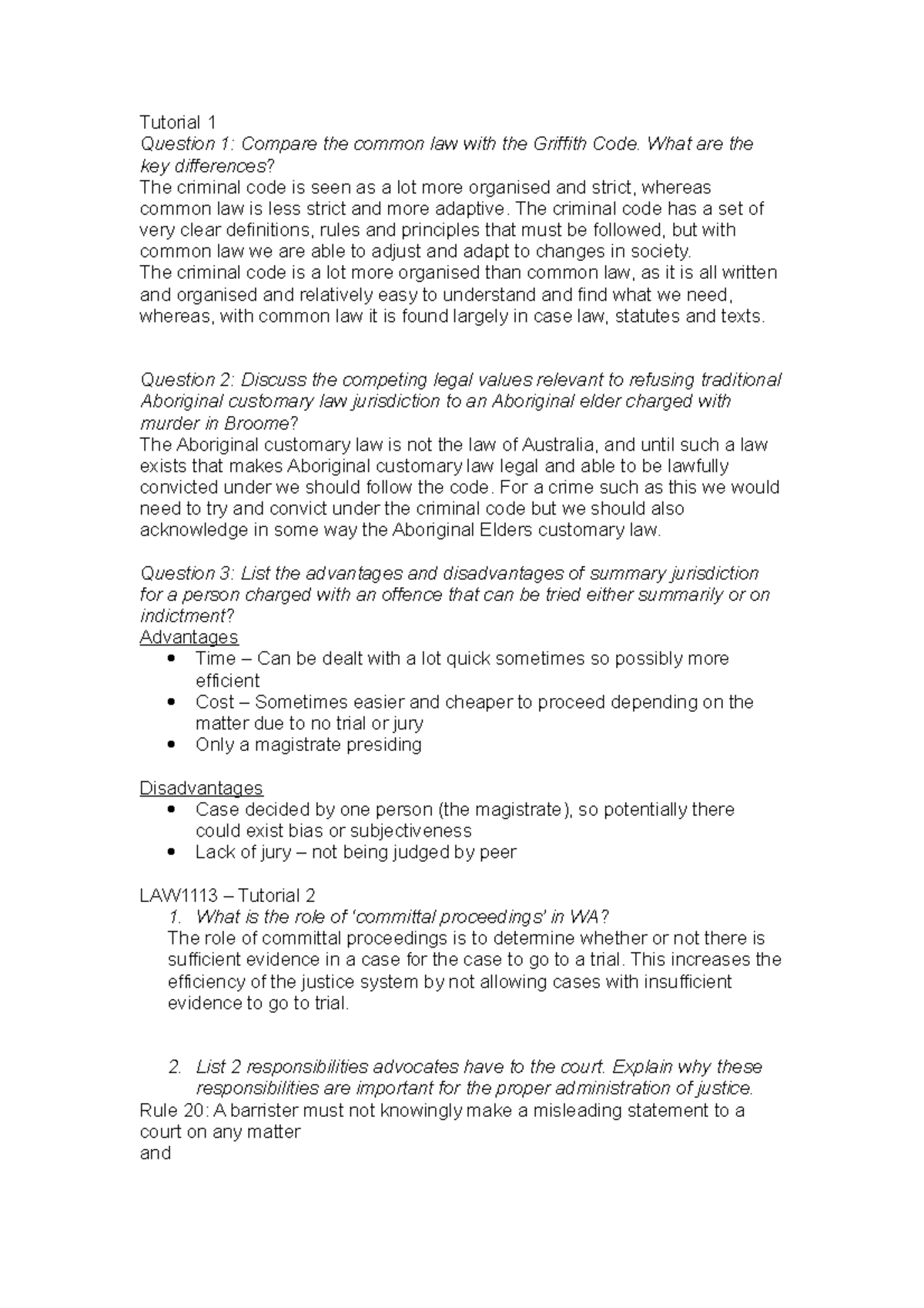 LAW1113 Tutorial Questions & Answers - Tutorial 1 Question 1: Compare ...