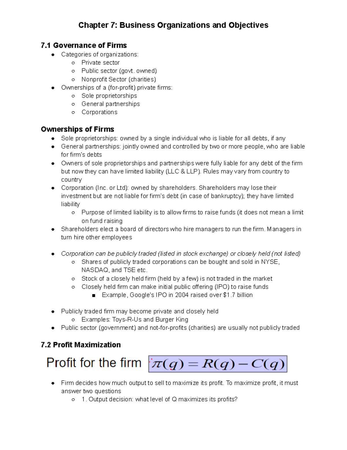Chapter 7 Business Organizations and Objectives - Chapter 7: Business ...