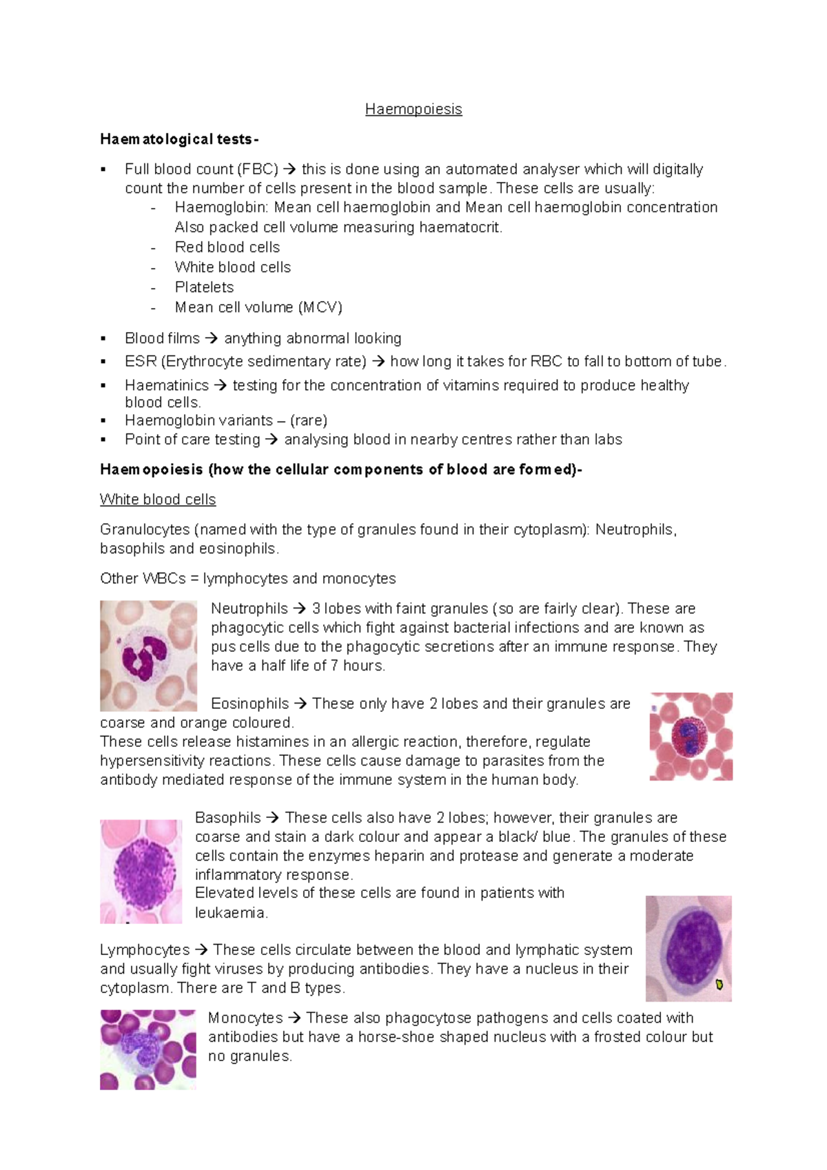 Haemopoiesis of blood cells - Haemopoiesis Haematological tests- Full ...