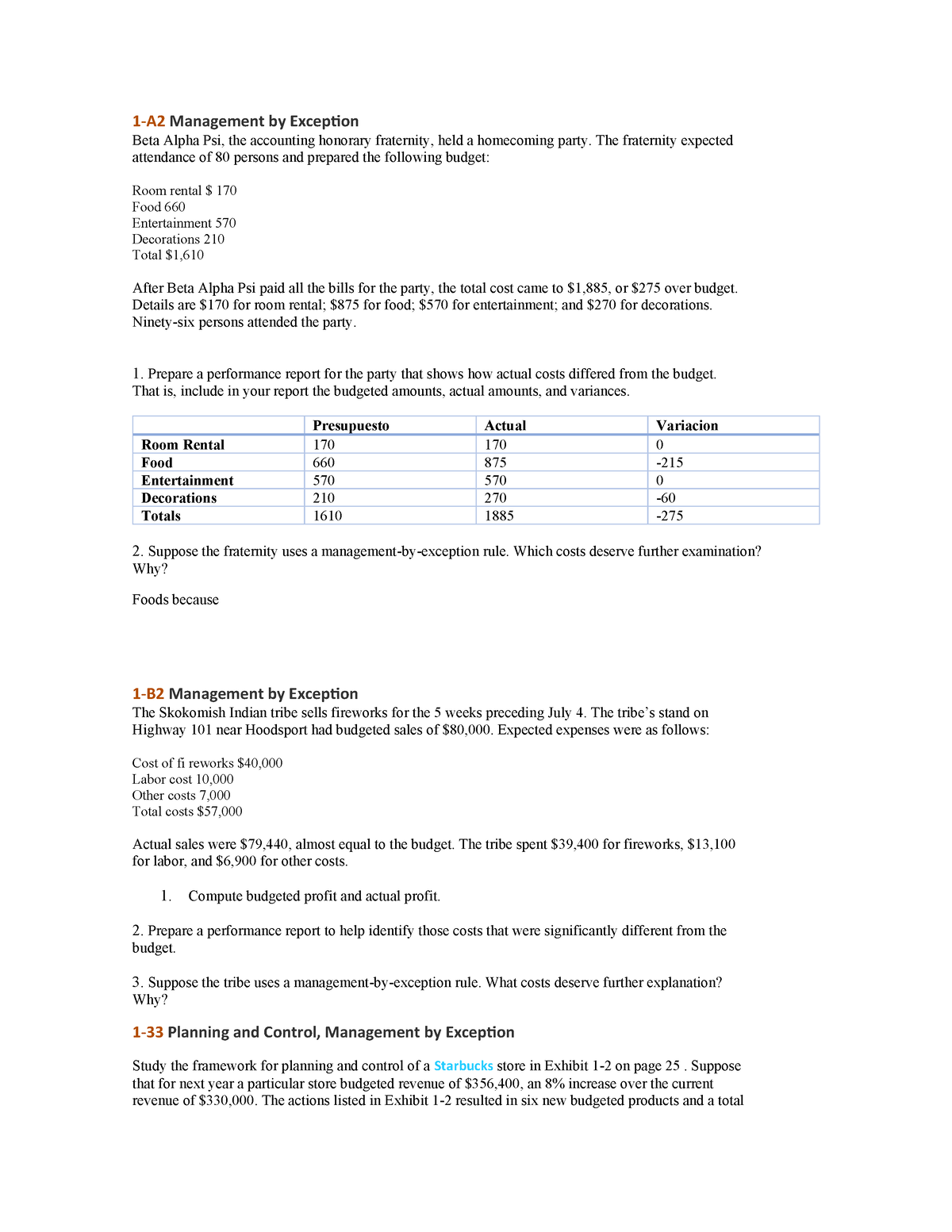 Problems - Problemas libro de texto - 1 - A2 Management by Exception ...