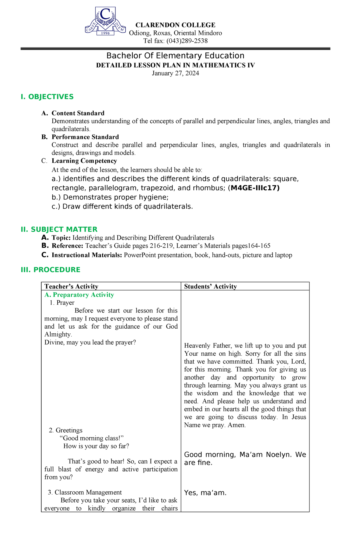 Detailed lesson plan math 4 - CLARENDON COLLEGE Odiong, Roxas, Oriental ...