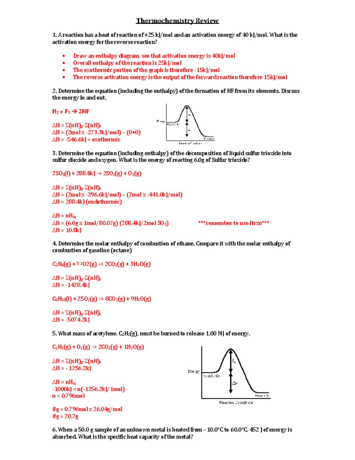 Unit B - Thermochemistry Review KEY - Thermochemistry Review A Reaction ...