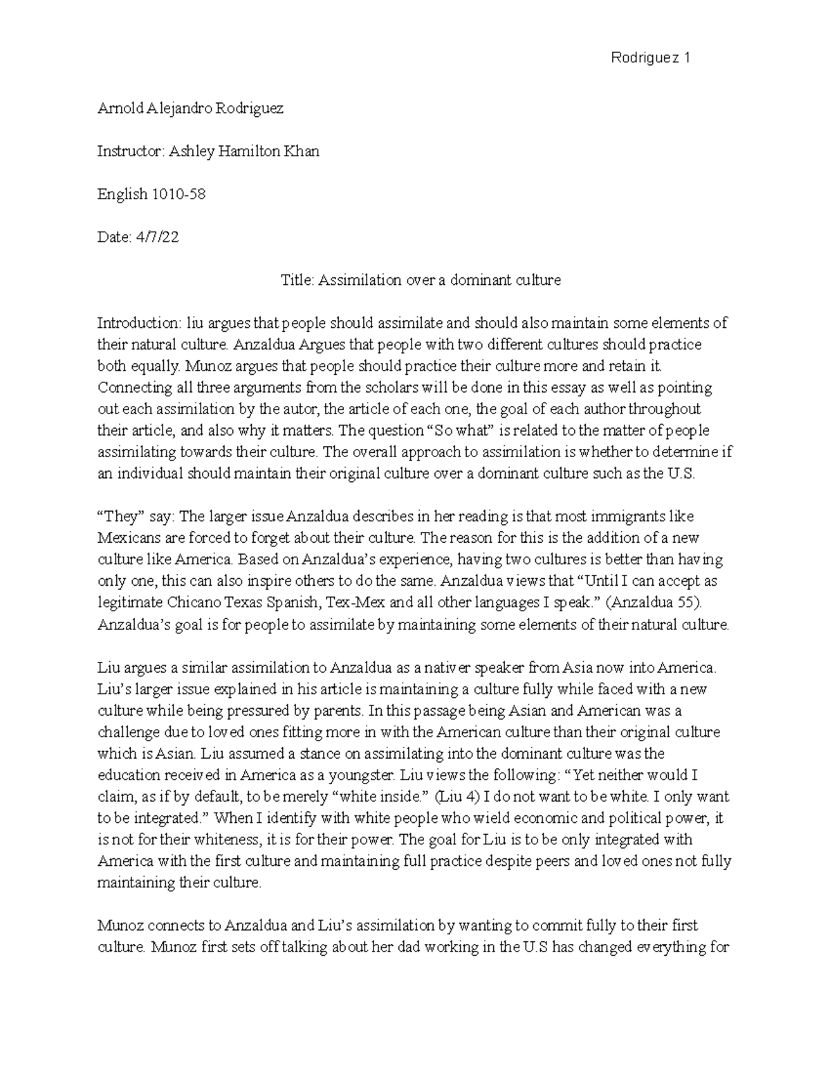 Unit 2 Final Draft - Essay sample based on Assimilation over a dominant ...
